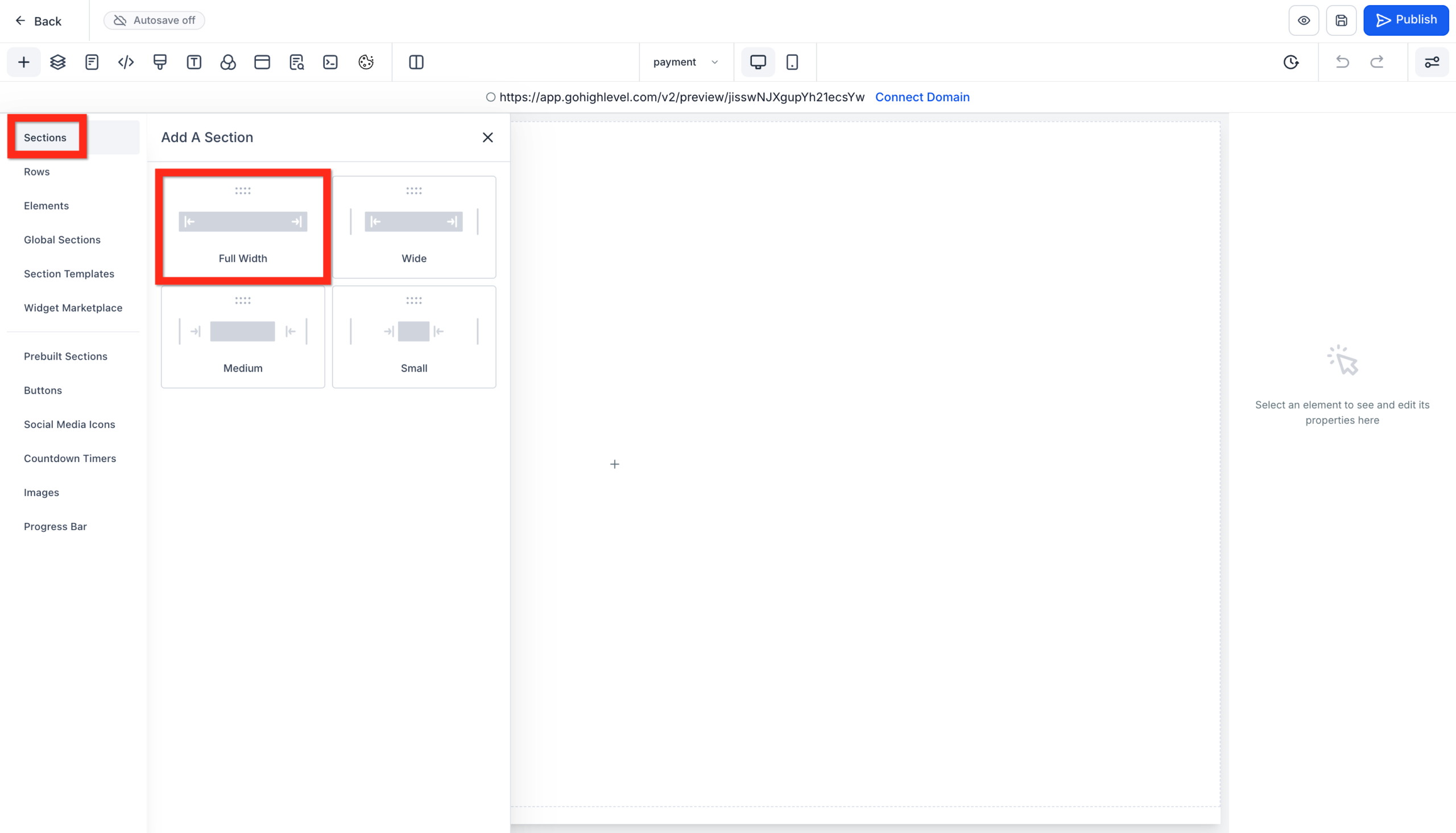 Screenshot of the GoHighLevel page editor, showing the option to add a 'Full Width Section' to a page layout.