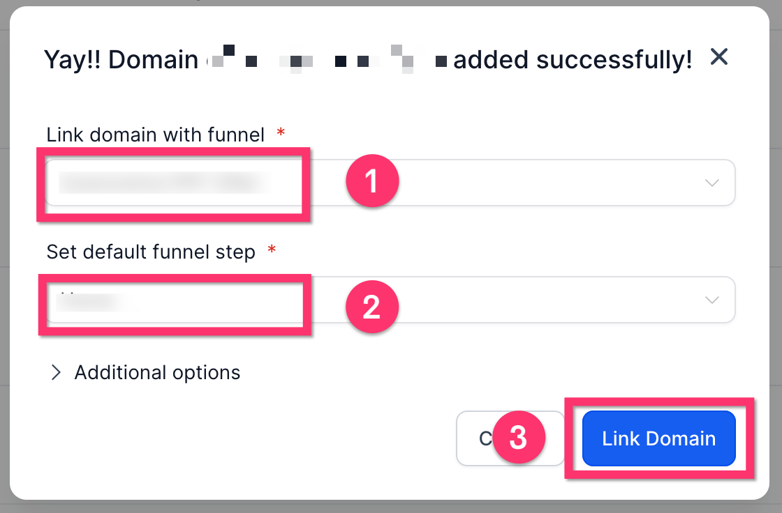 Screenshot illustrating how to link a newly connected custom domain to a specific funnel within <a href=