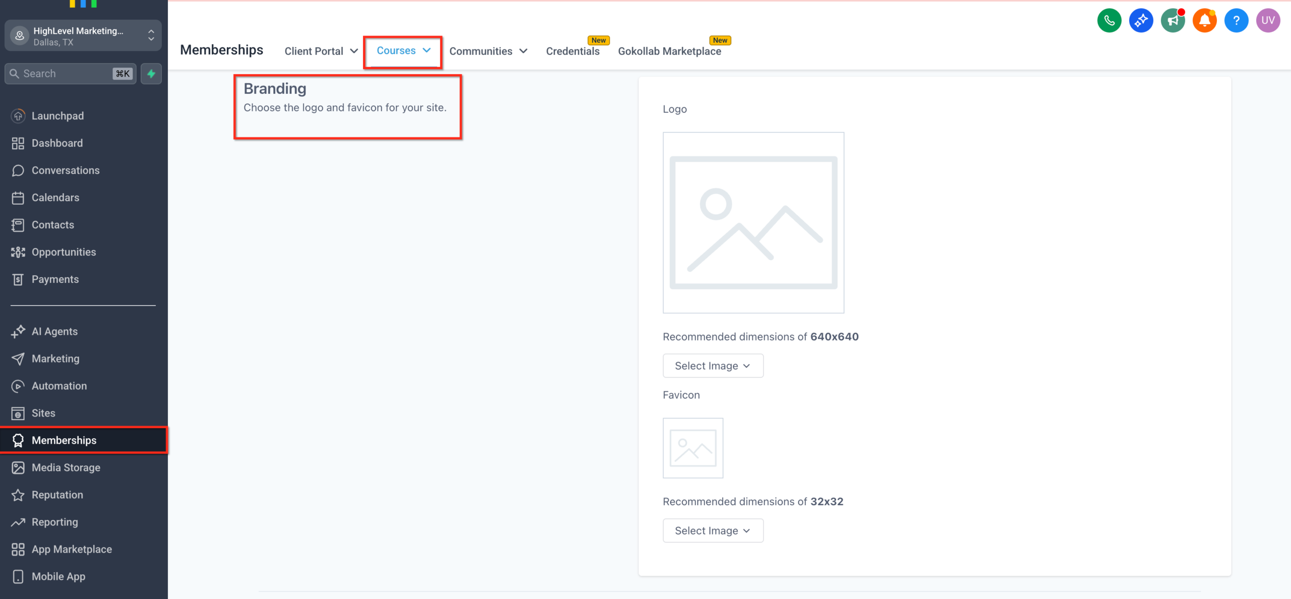 GoHighLevel Membership Courses Favicon Screenshot illustrating favicon updates for Membership courses in GoHighLevel, accessible via Sub-account → Memberships > Courses → Favicon within the theme customizer.
