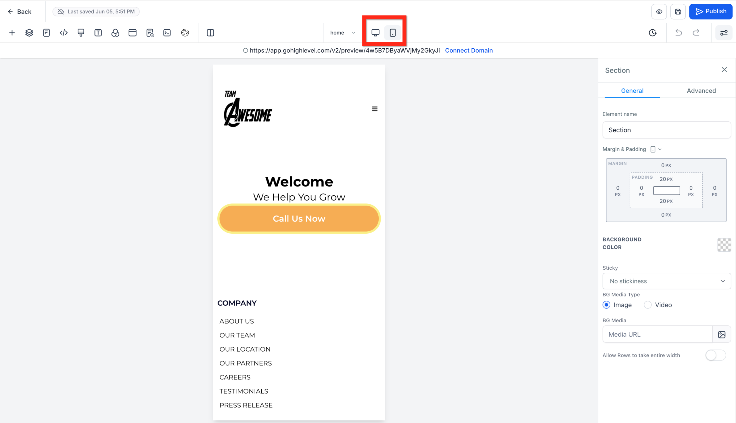 GoHighLevel website builder's top bar, highlighting the mobile phone icon to switch to mobile preview mode.