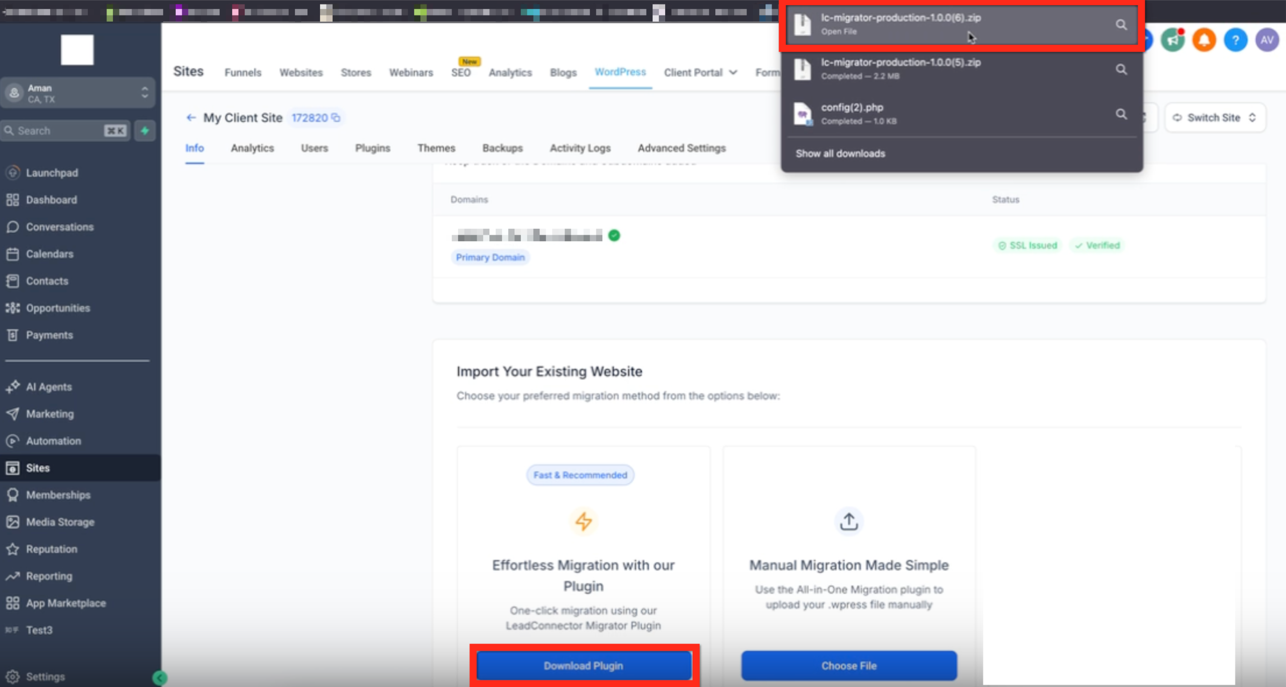 Select LC Migrator Option Screenshot of HighLevel WordPress site info, highlighting the 'One-click migration using LeadConnector Migrator Plugin' option.