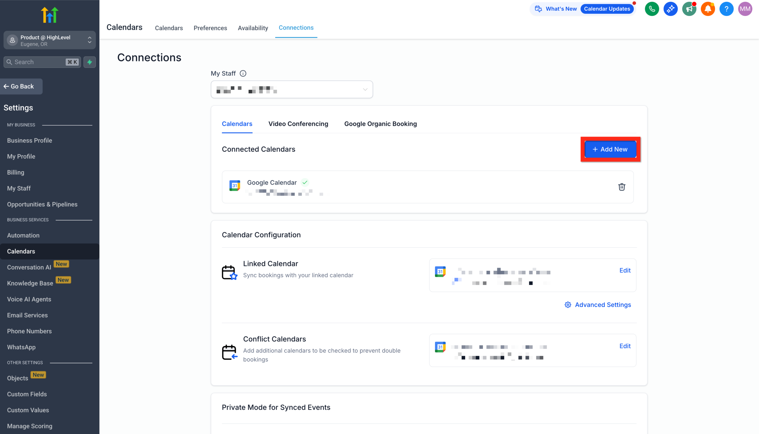 Screenshot of the HighLevel Calendar Settings 'Connections' tab, showing the 'Add New' button to link an external personal calendar like Google or Outlook.