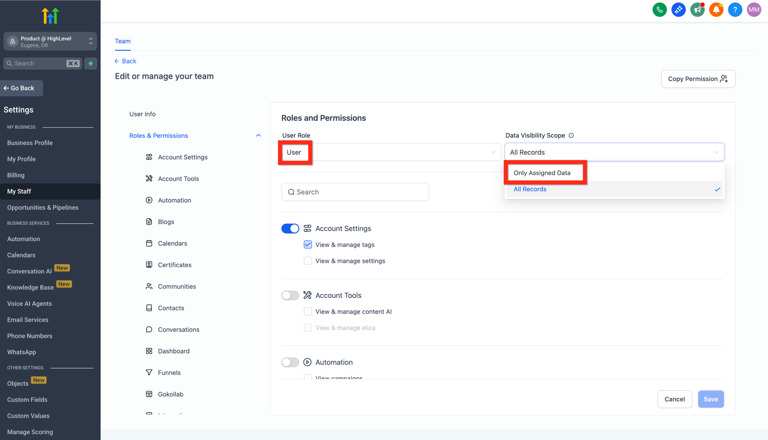 Screenshot of the GoHighLevel dialer's 'Calling From' dropdown menu, showing options for selecting the outgoing phone number.