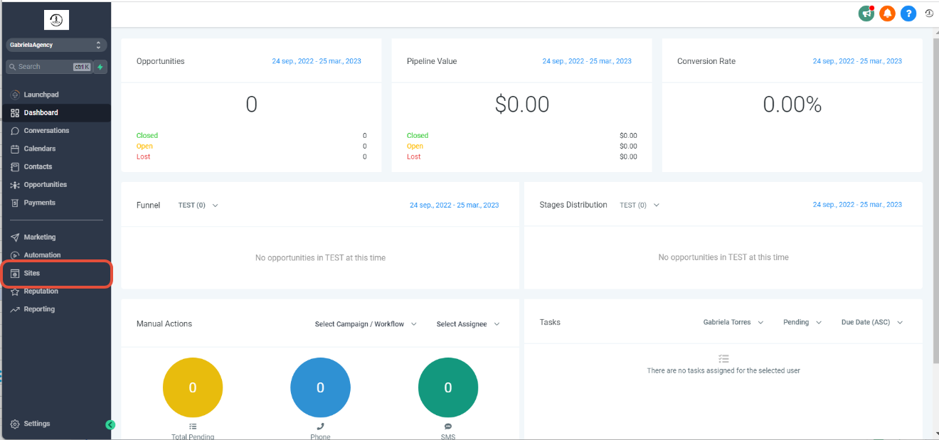 Navigate to Sites Funnels Screenshot of GoHighLevel navigation to Sites and Funnels section