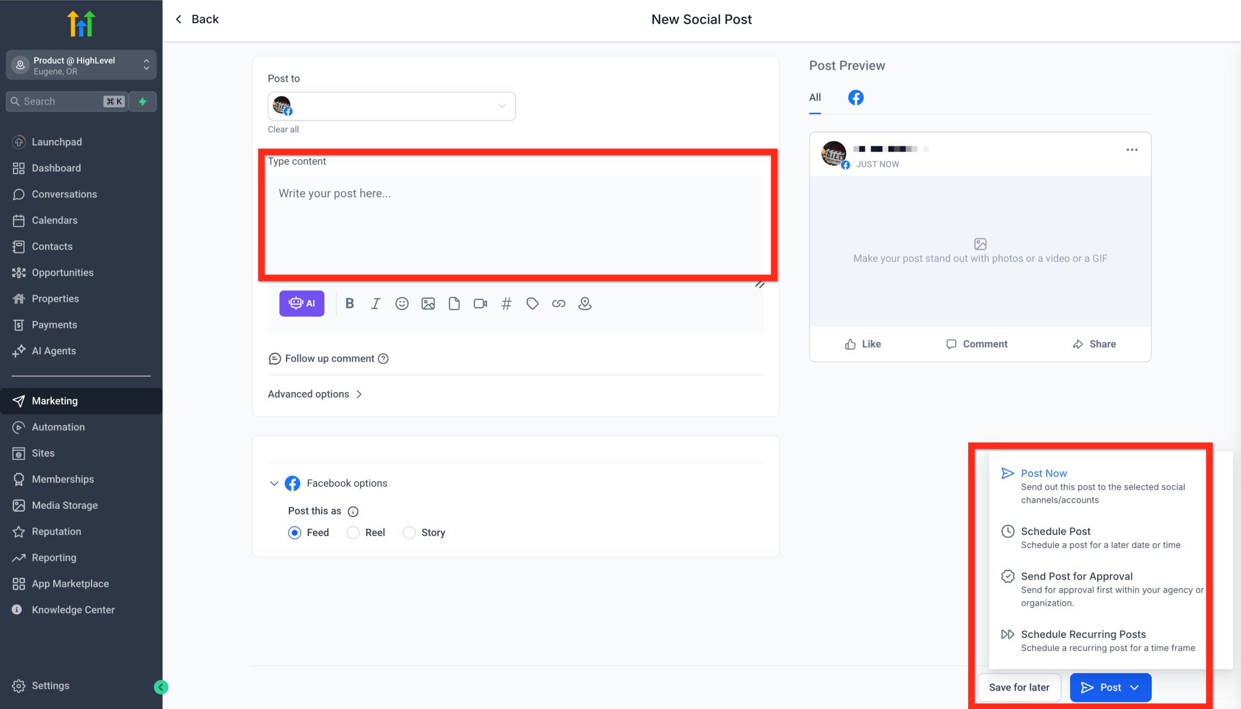 Custom post creation interface showing options for content, social accounts, and scheduling actions like 'Post Now' or 'Schedule'.