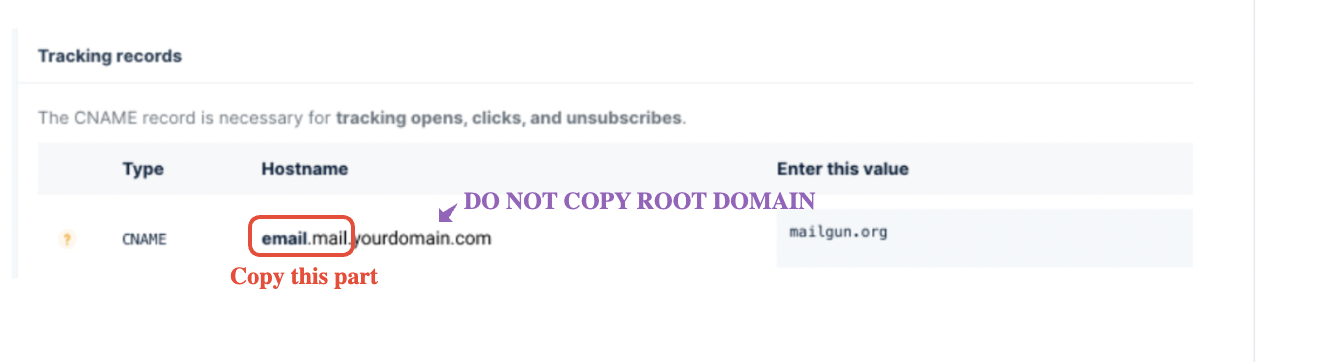Mailgun DNS record display showing the CNAME host name (e.g., 'email.mg') highlighted for copying.