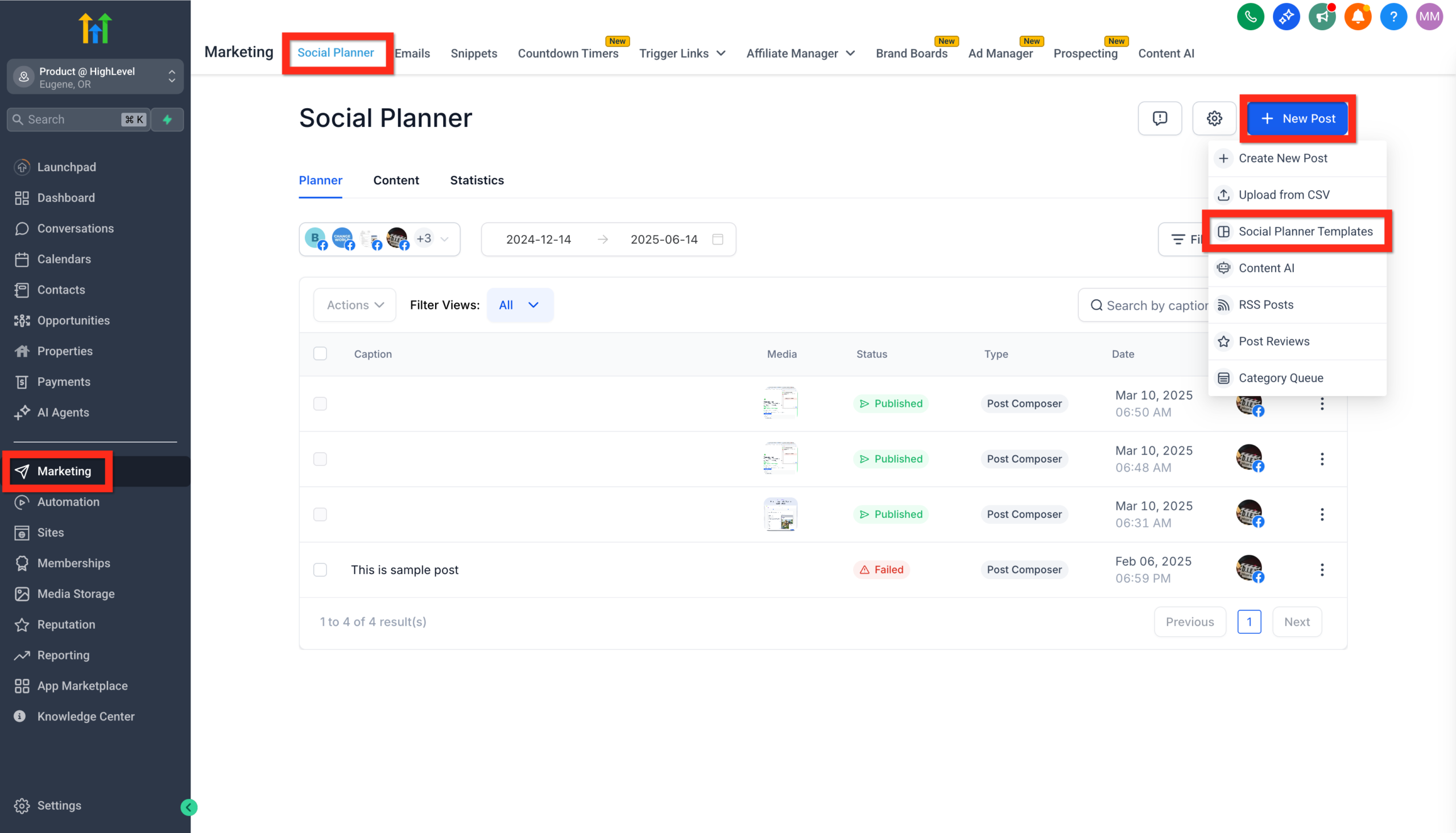 Navigation path to access Social Planner Templates within the platform.