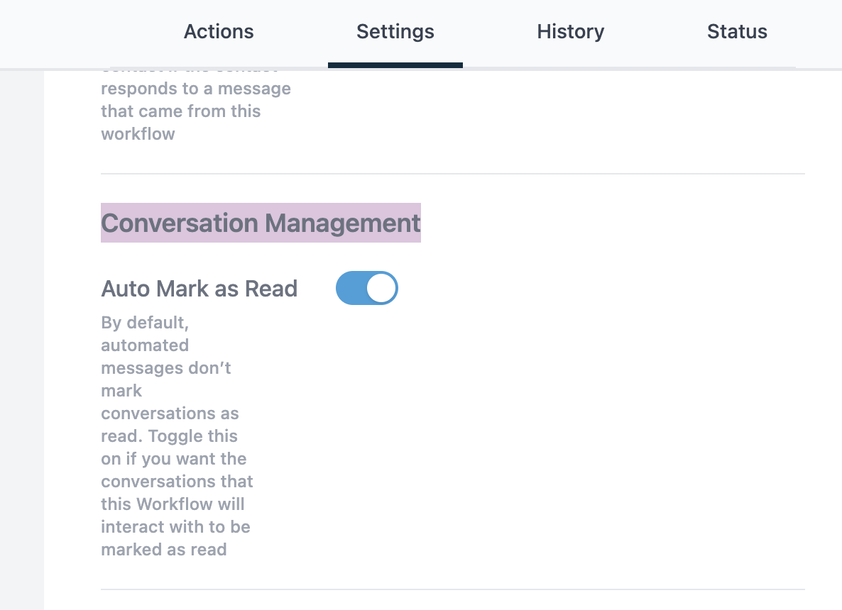 Screenshot of GoHighLevel workflow settings, highlighting a toggle switch labeled 'Auto Mark as Read'.
