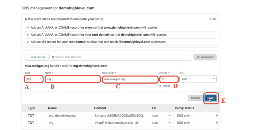 Cloudflare Add DNS Record form, ready to select MX type