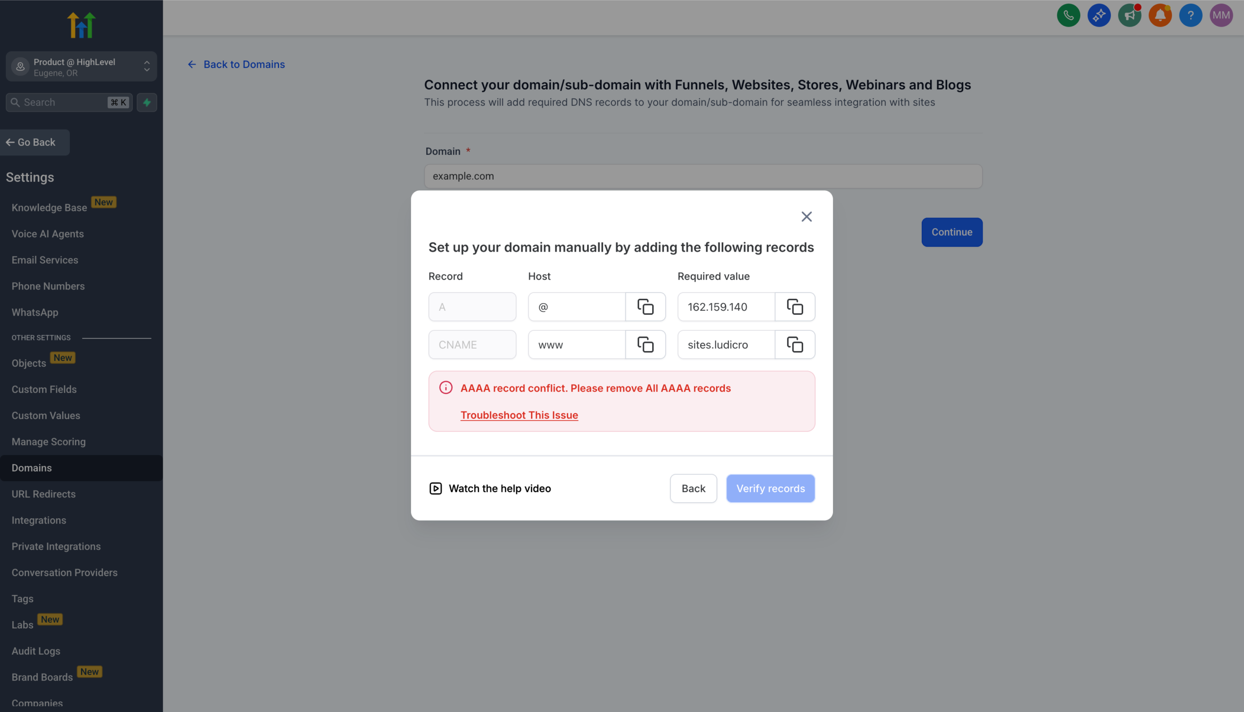Screenshot showing the 'Verify Records' button in <a href=