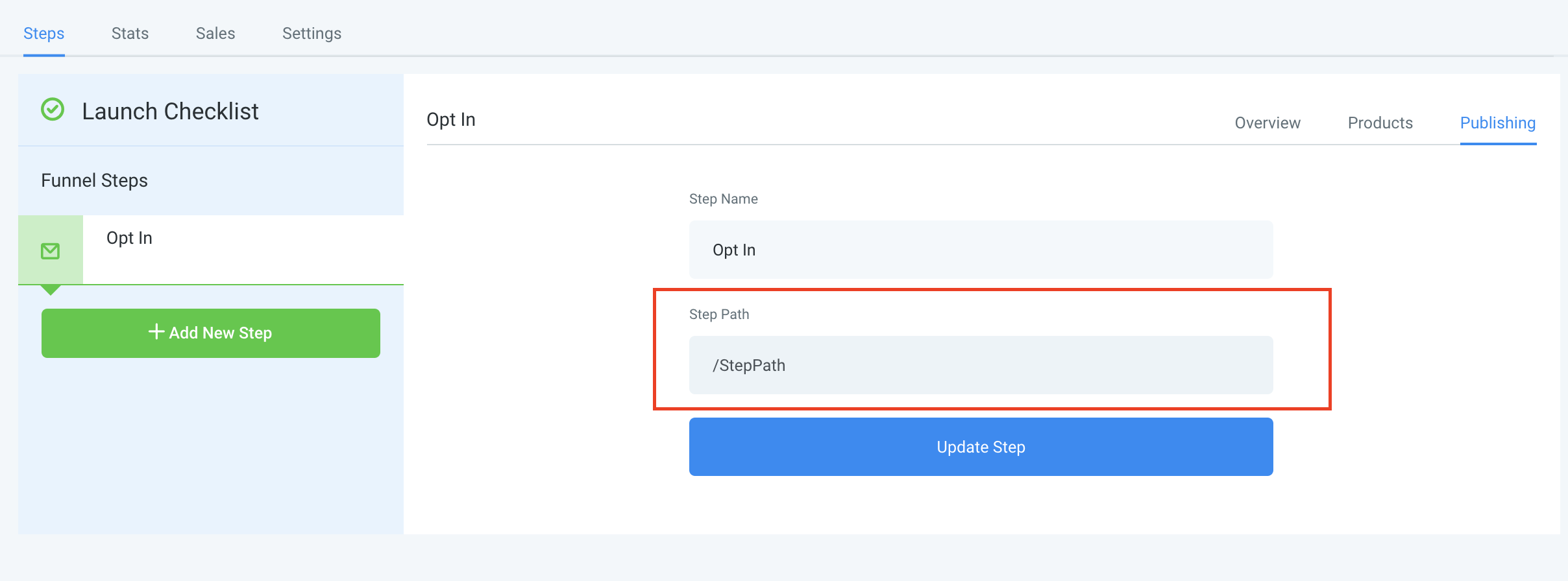 Image showing the publishing tab for a specific funnel step in GoHighLevel, highlighting the section where the unique Step URL is defined and customized.