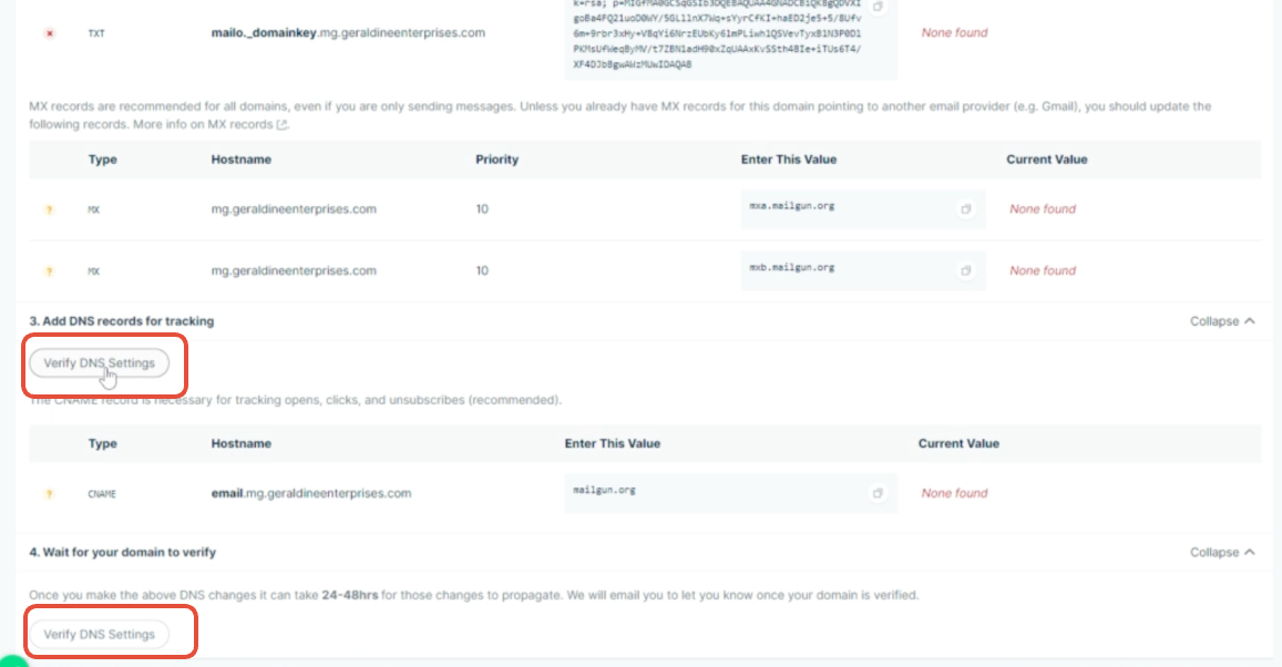 Mailgun DNS Verified Screenshot of Mailgun 'Verify DNS Settings' showing all DNS records successfully verified with green checkmarks