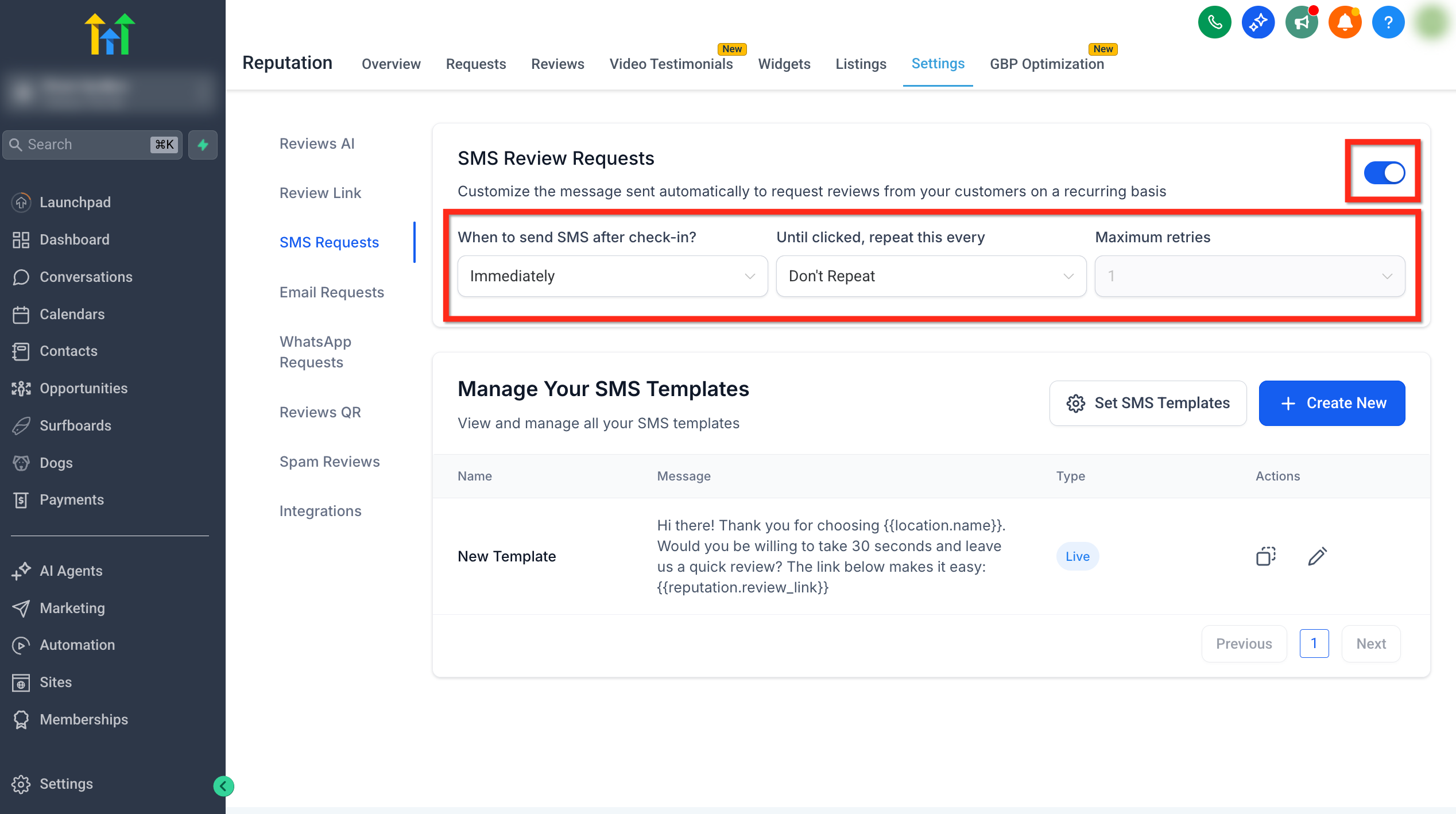 SMS Template Creation Screenshot of GoHighLevel SMS Review Request template builder, displaying options for creating new templates.