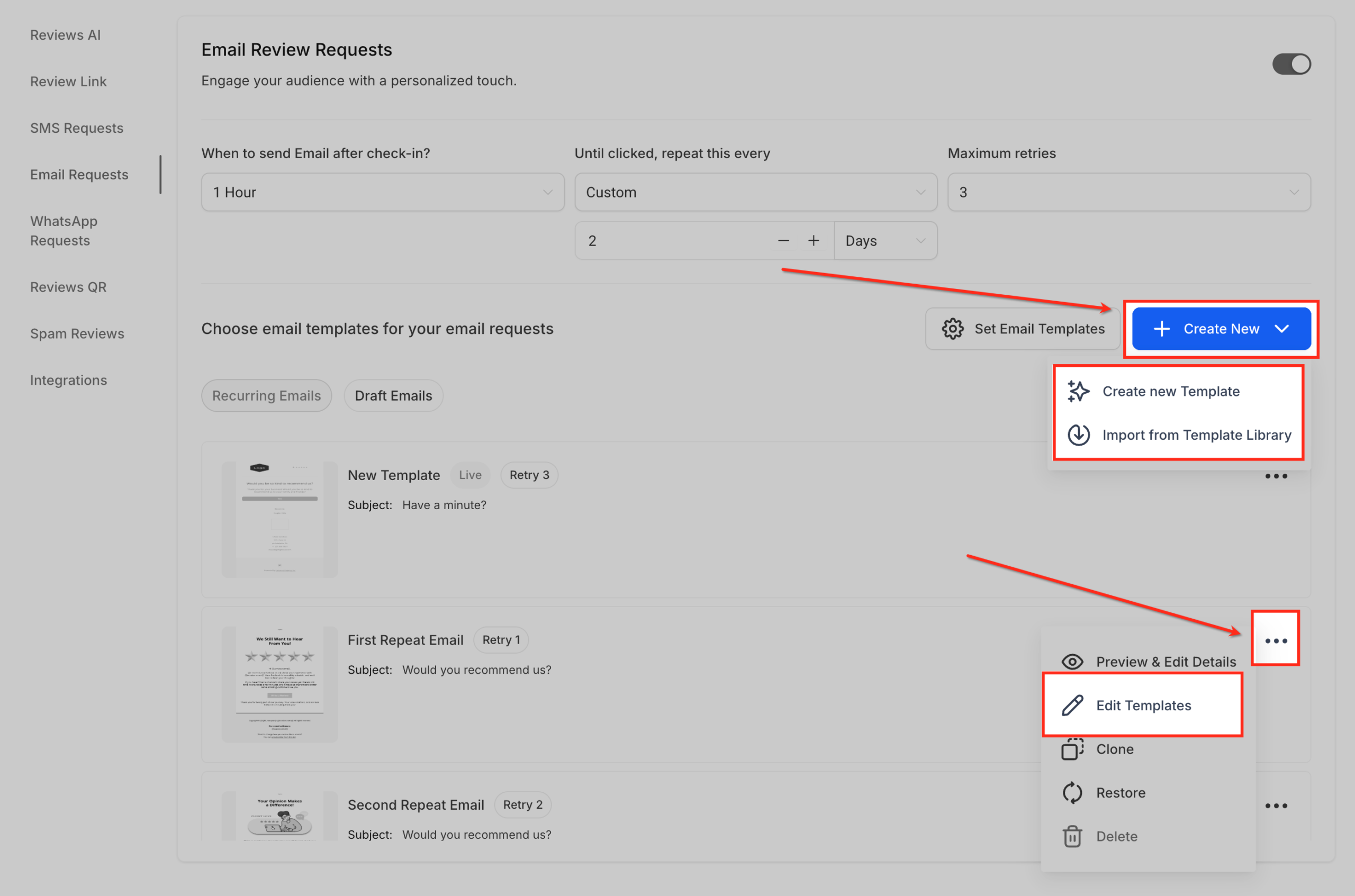 Email Template Management Screenshot of GoHighLevel Email Templates page showing 'Create New' dropdown options and a list of existing email templates with edit options.