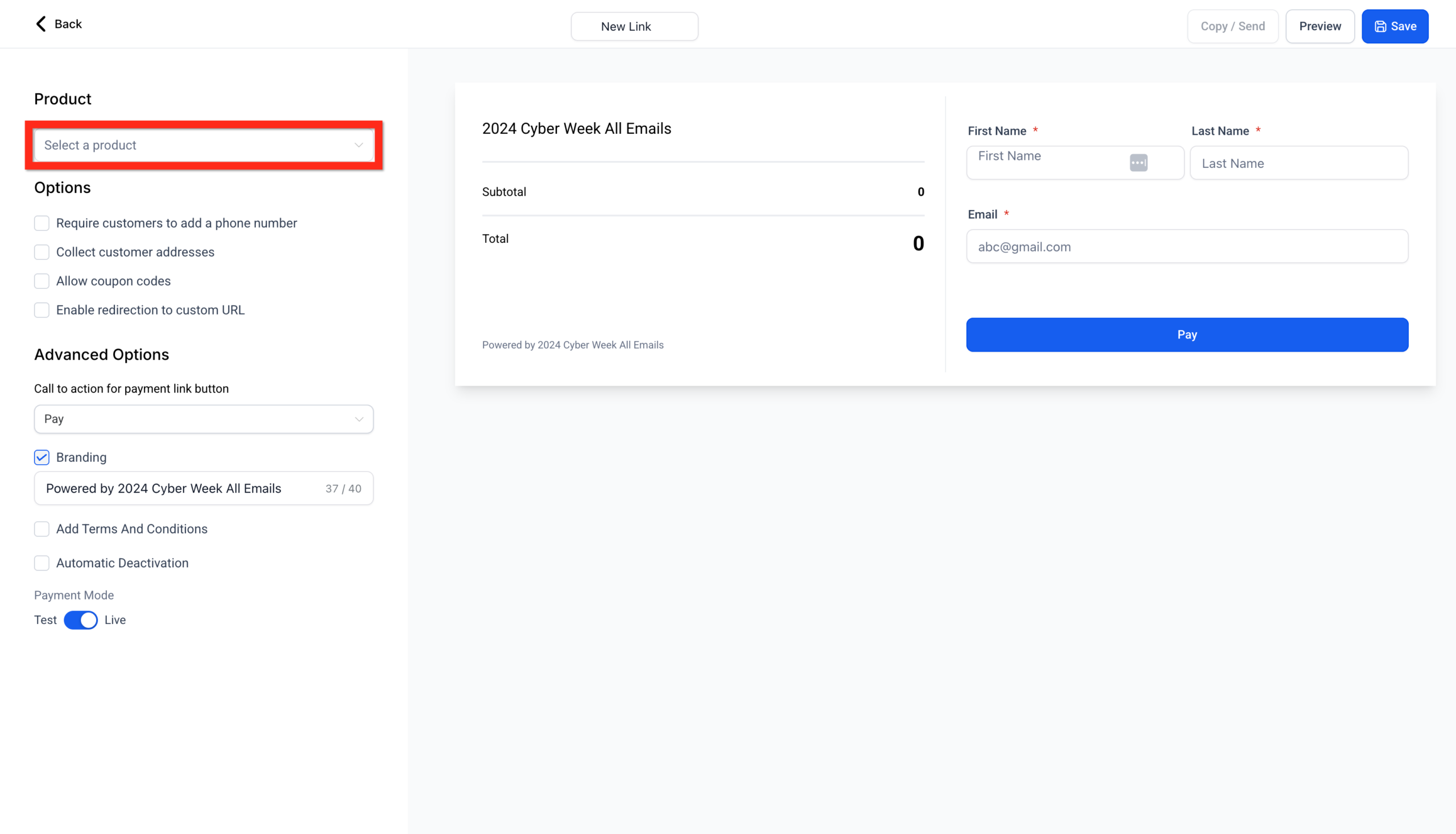 Screenshot displaying the product selection dropdown menu in GoHighLevel, allowing users to choose a product for their payment link.