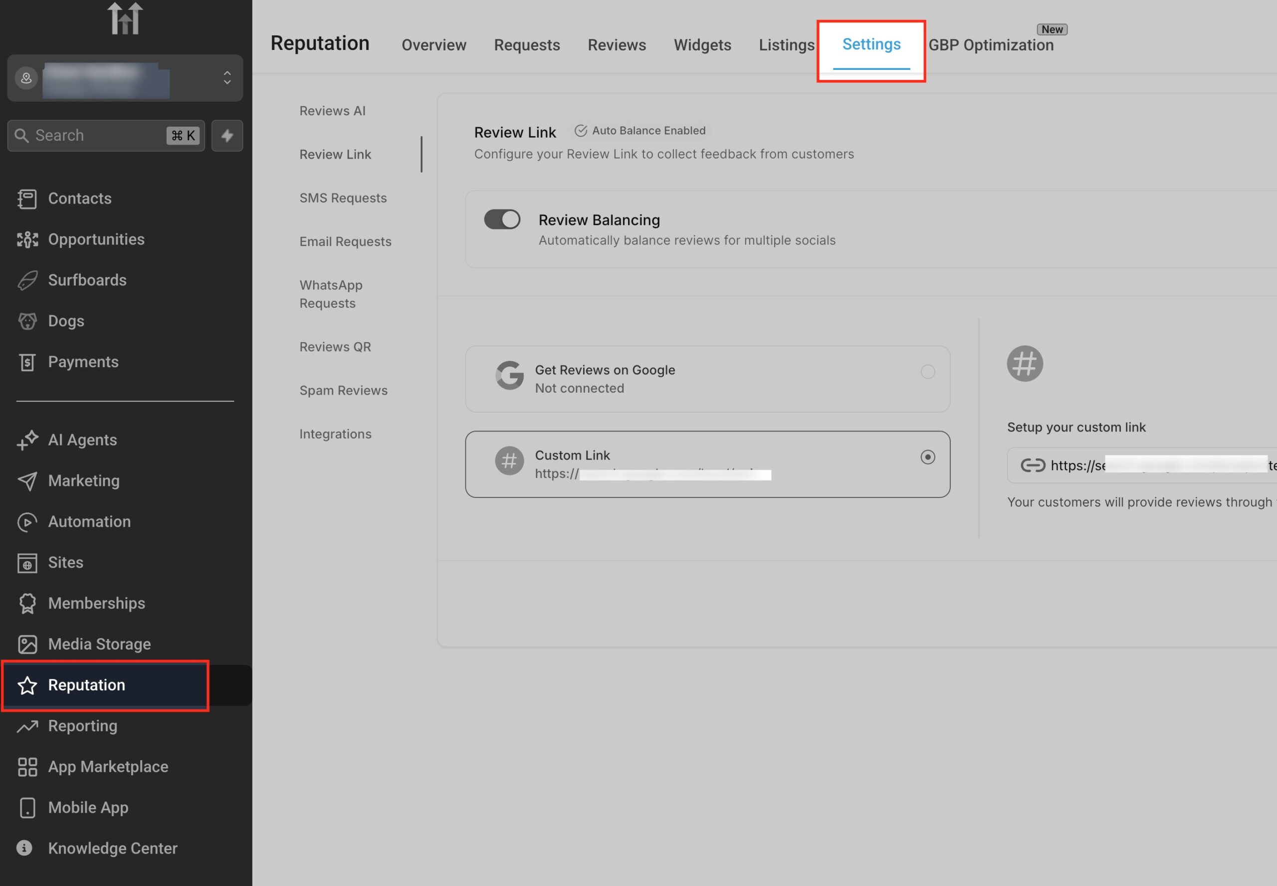 Review Link Configuration Detailed screenshot of GoHighLevel Reputation Settings Review Link section, highlighting Review Balancing and Custom Link setup fields.