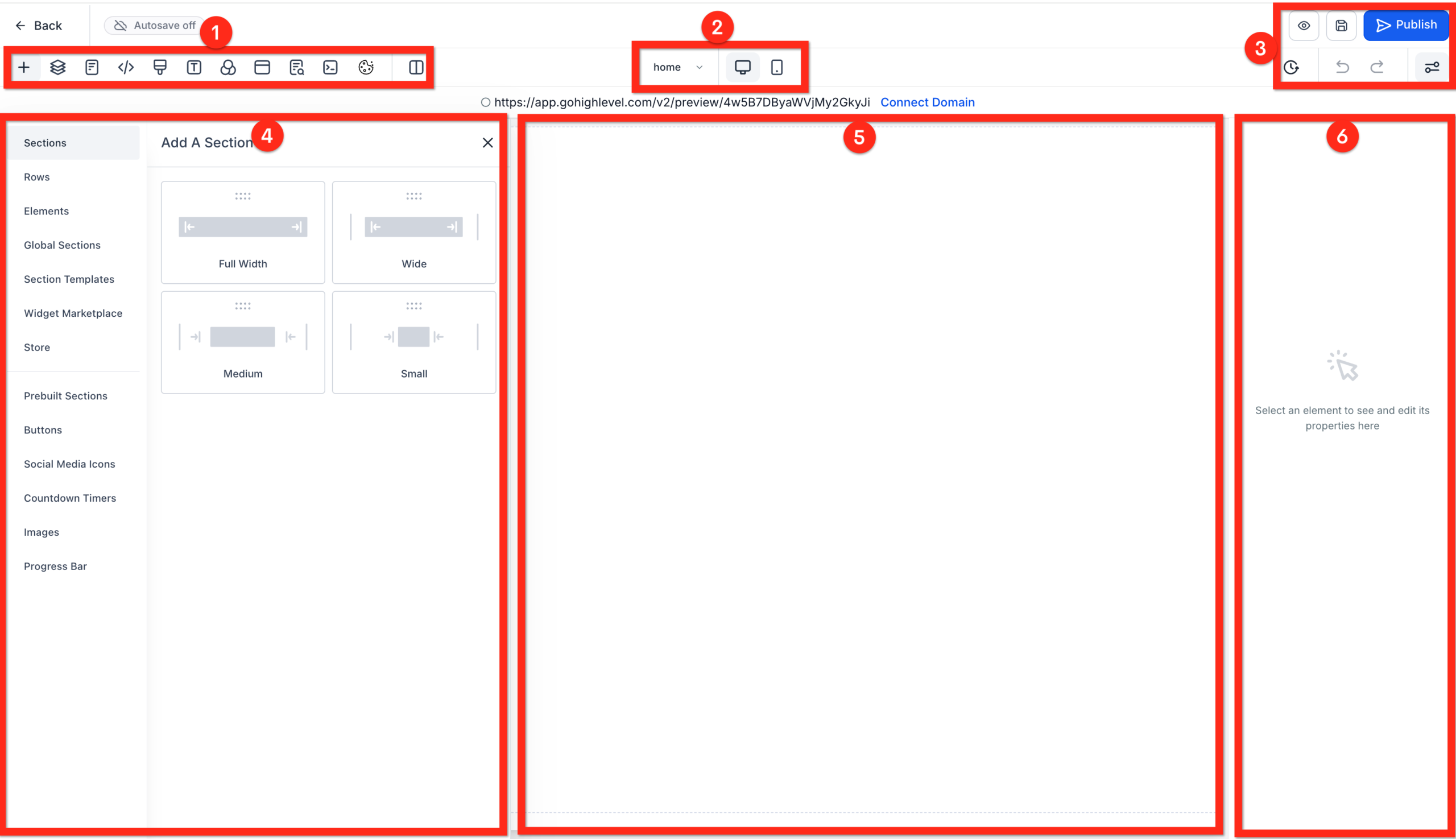 Annotated screenshot of the GoHighLevel website builder highlighting the Control Panel, Device Switcher, Meta Controls, Left Panel, Center Panel, and Right Panel.
