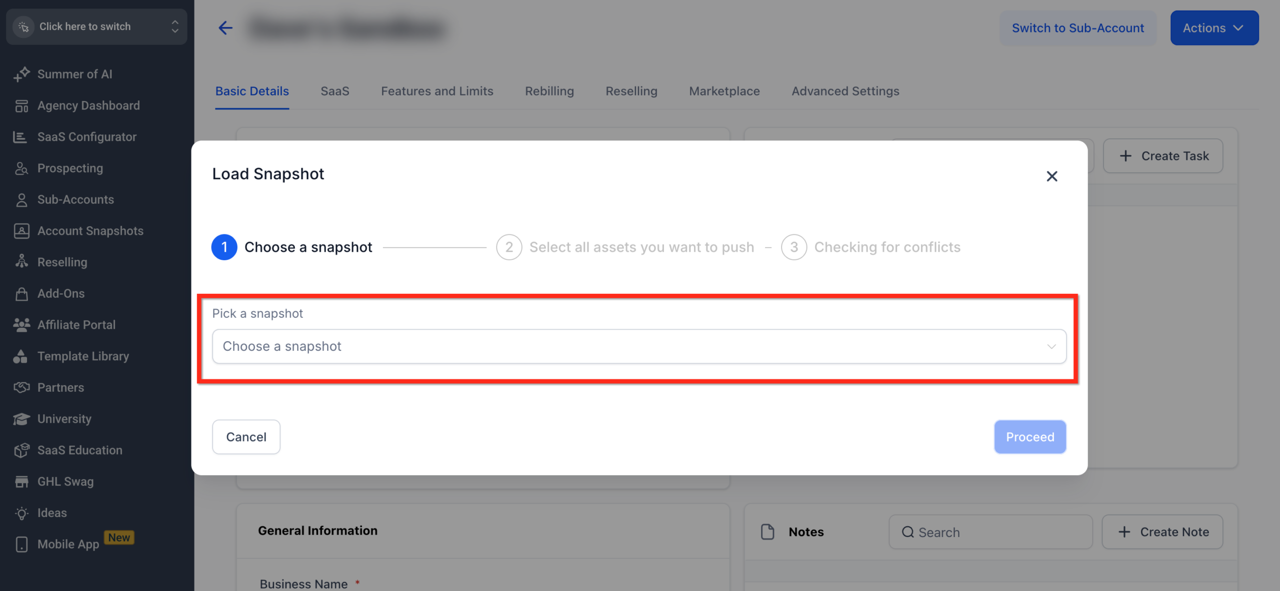 Screenshot of the GoHighLevel 'Load Snapshot' modal, displaying a dropdown to 'Pick a Snapshot' with an option selected, and the blue 'Proceed' button highlighted.
