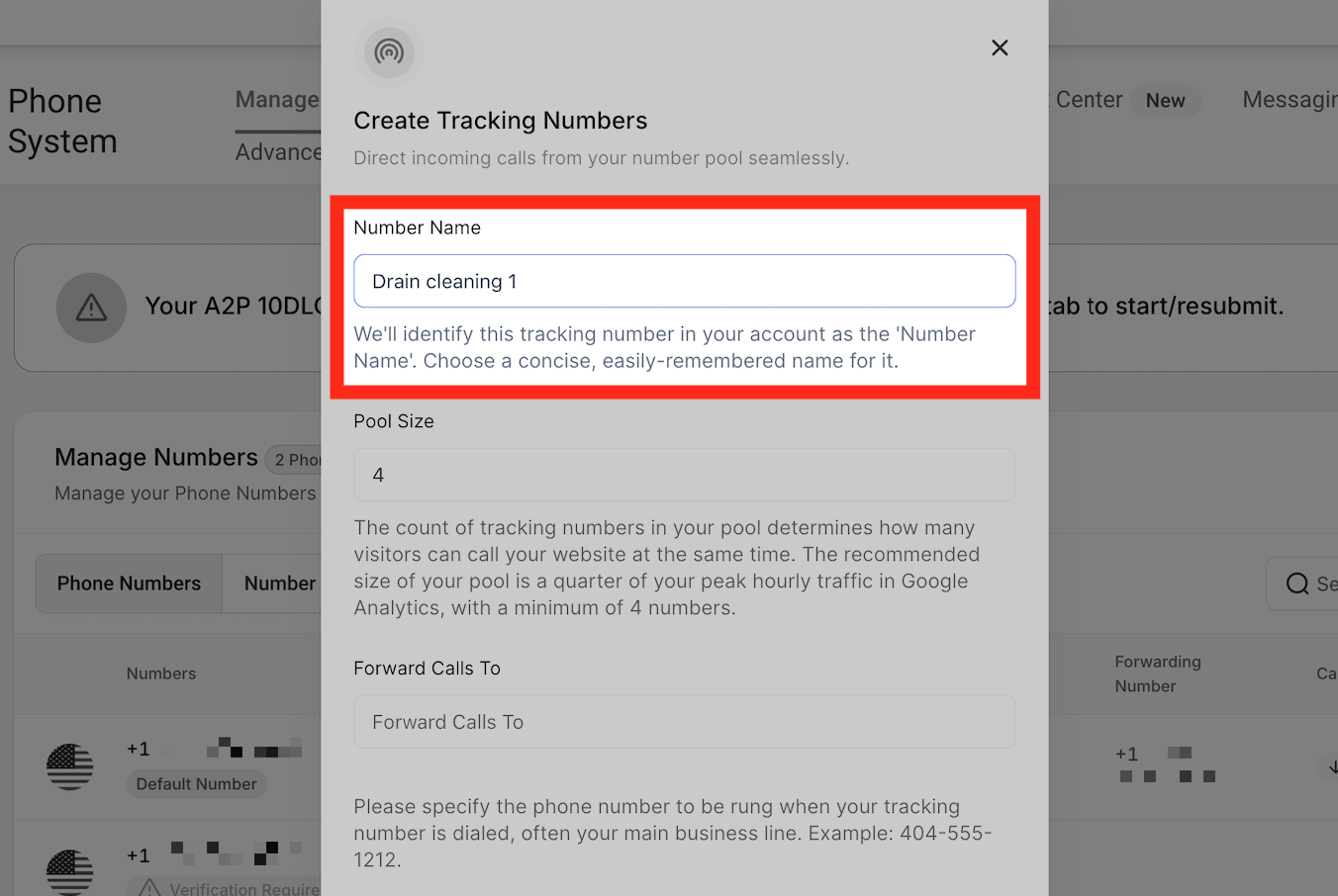 Number Pool Name Input Input field for naming the call tracking number pool