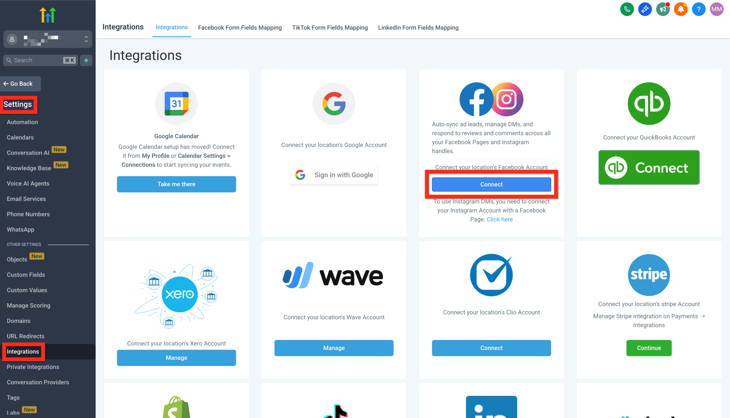 Screenshot showing the 'Connect' button for Facebook & Instagram integration within the GoHighLevel Integrations settings page.