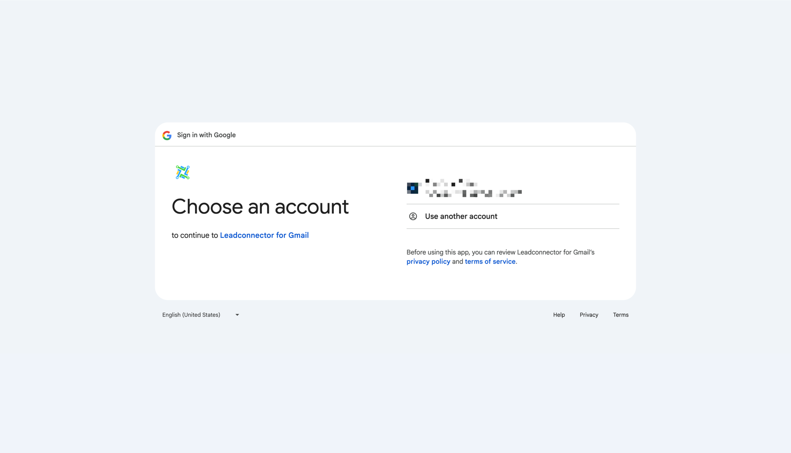 Google OAuth consent screen for LeadConnector requesting permissions to access Gmail and basic profile information.