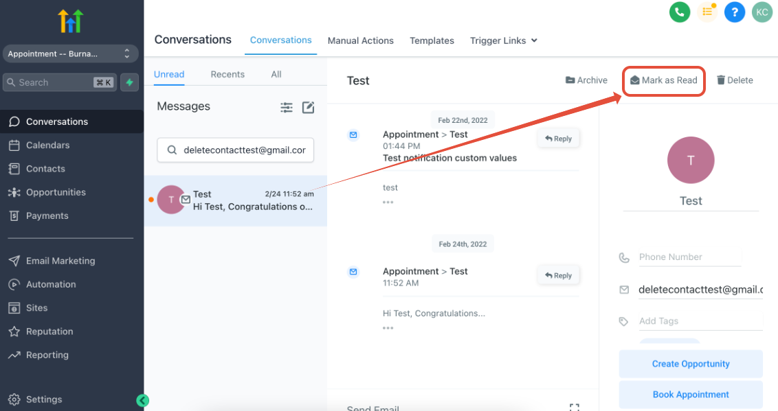 Screenshot showing the 'Mark as Read' button within a <a href=