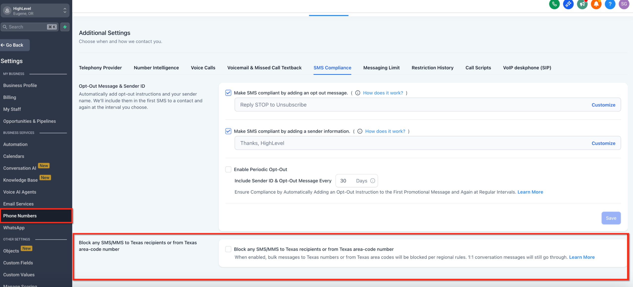 GoHighLevel Texas SMS Safeguard Setup Screenshot of GoHighLevel SMS Compliance tab with Texas SMS Safeguard toggle enabled