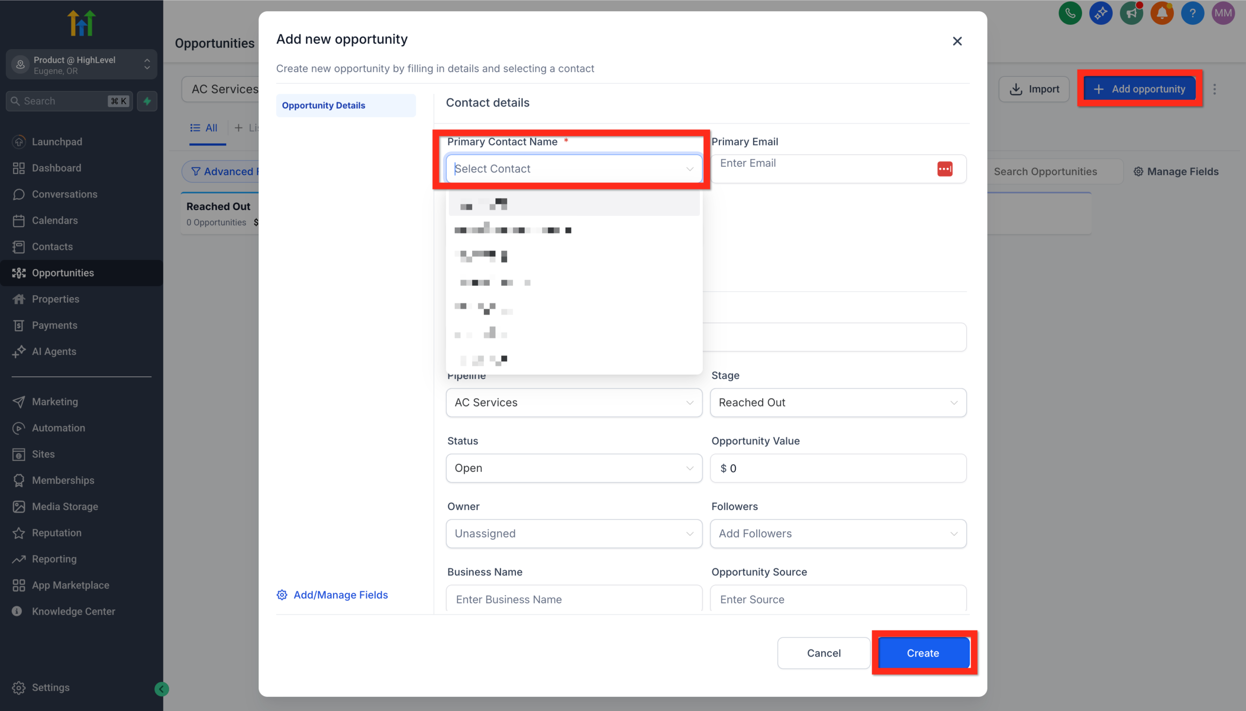 Screenshot of the 'Add Opportunity' modal in <a href=