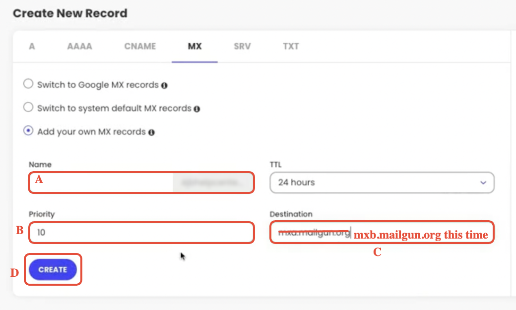 SiteGround DNS Zone Editor showing a completed MX record entry for 'mxb.mailgun.org' with priority 10.