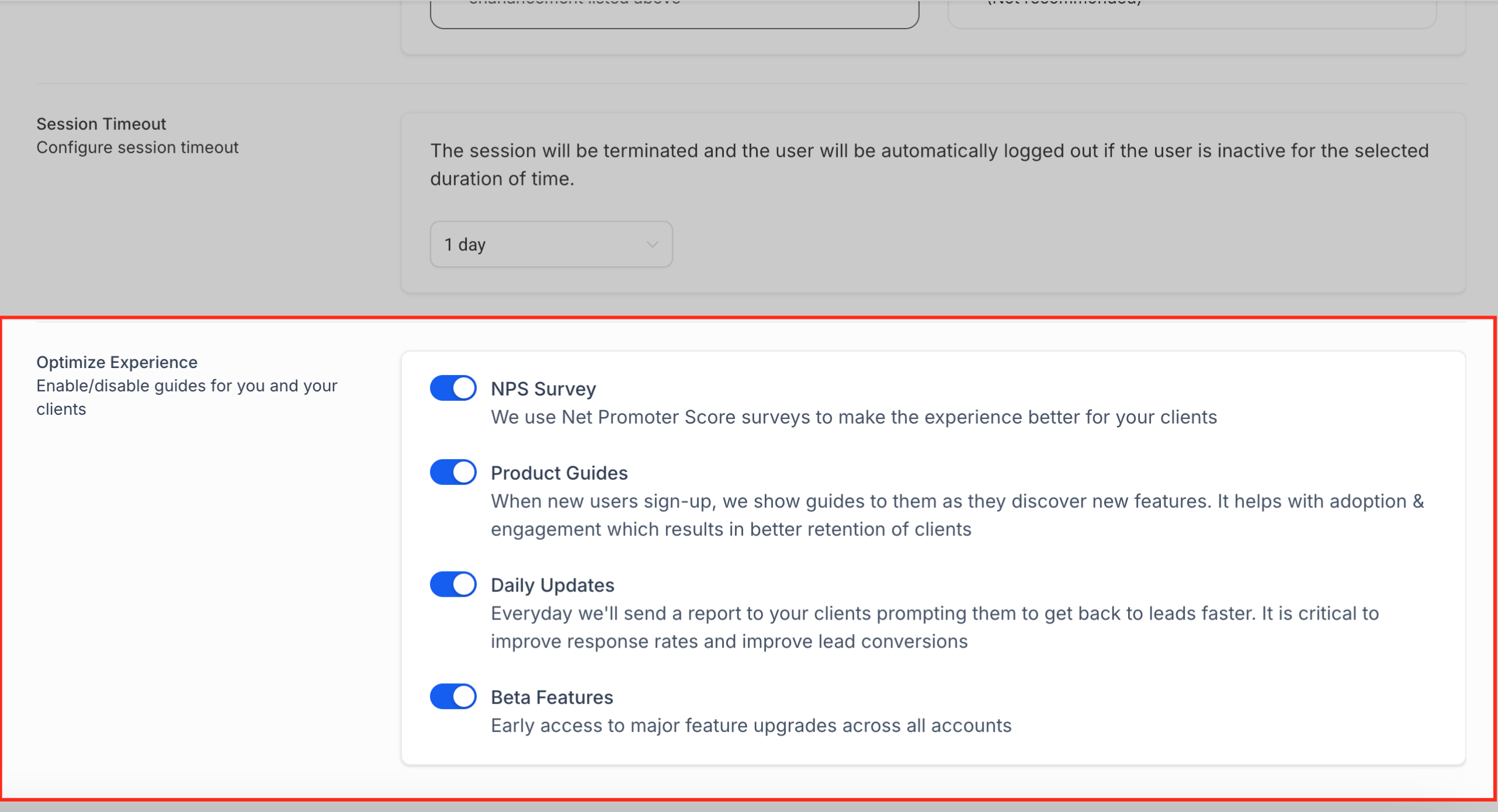 GoHighLevel Optimize Experience Features Screenshot of the Optimize Experience Settings in GoHighLevel Advanced Settings, showcasing toggles for client-facing onboarding and engagement tools.
