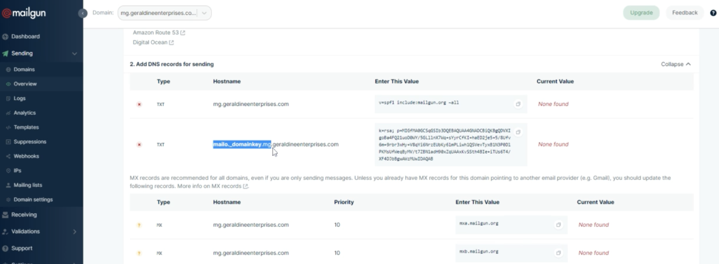 Mailgun DKIM Host Copy Screenshot showing how to copy the Mailgun DKIM host value, highlighting the subdomain-specific portion