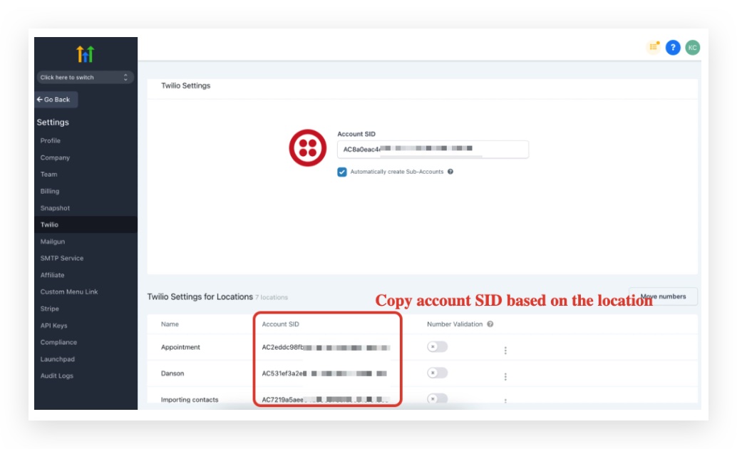 Screenshot of GoHighLevel's Agency Settings, specifically the Twilio configuration page, displaying the Account SID for a specific location that needs to be copied for searching in Twilio.