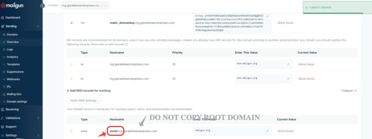 Mailgun CNAME Host Copy Screenshot showing how to copy the Mailgun CNAME host value, specifically for tracking
