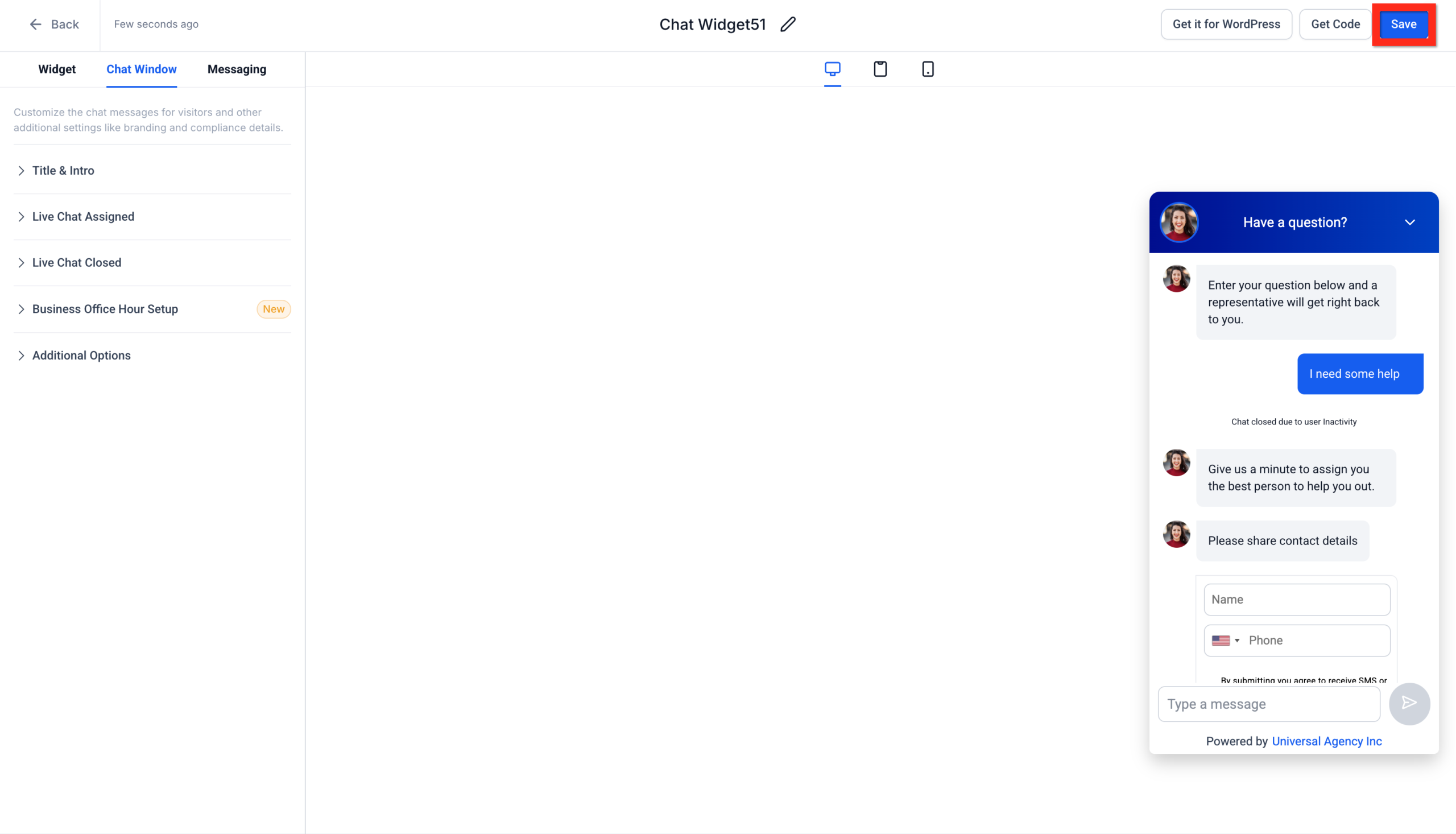Screenshot of the GoHighLevel chat widget customization interface, highlighting the 'Save' button after configuring brand colors, welcome message, and agent details.