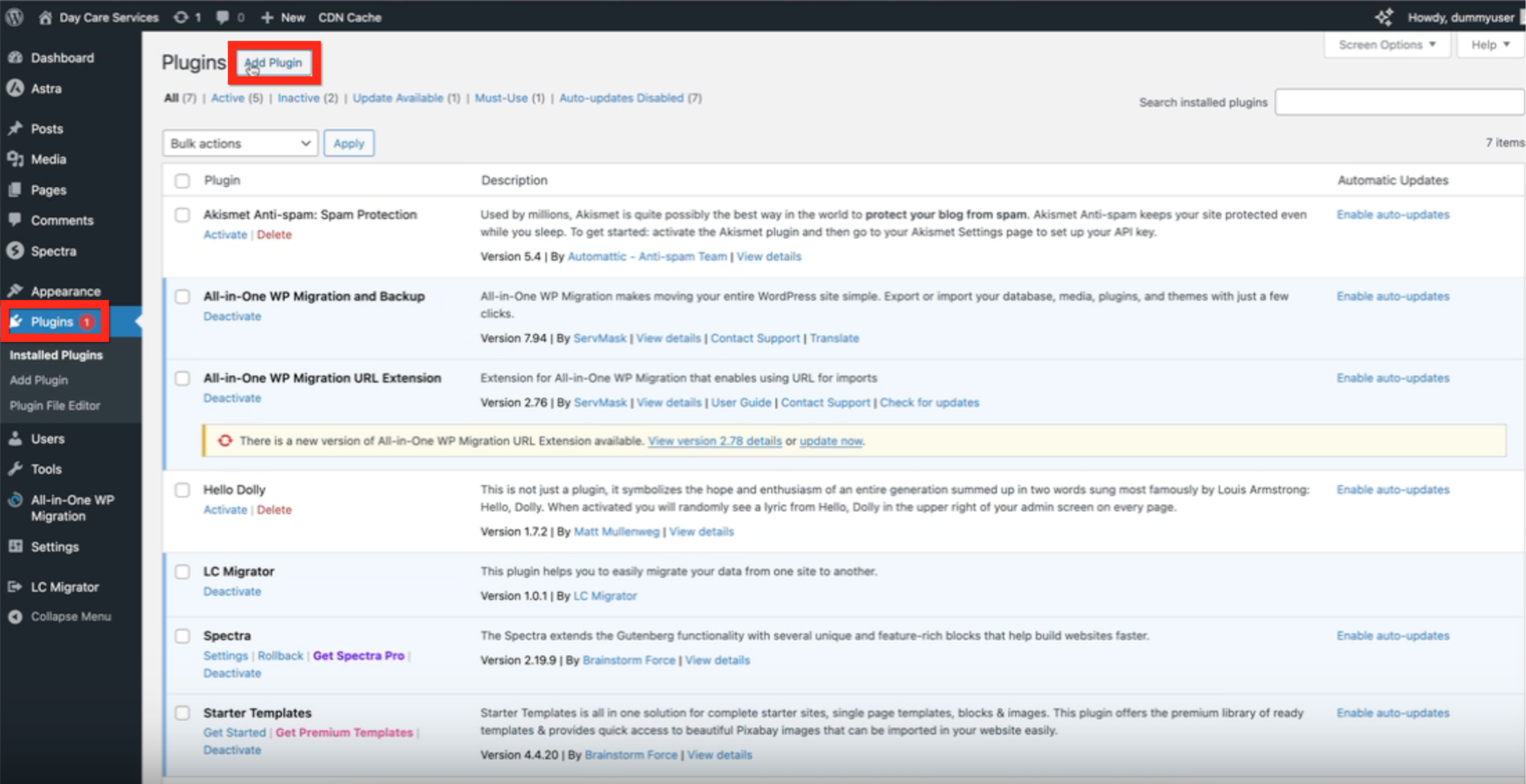 Upload LC Migrator Plugin Screenshot of the WordPress 'Add Plugins' screen, showing the 'Upload Plugin' button to install the LC Migrator zip file.