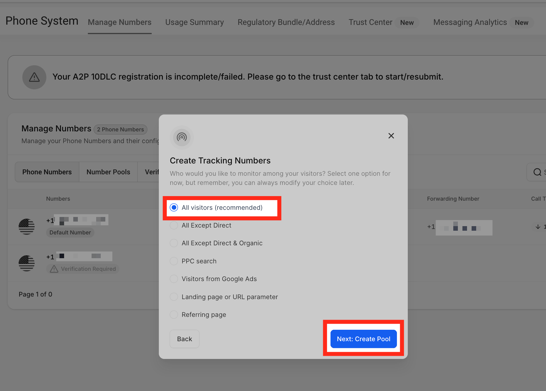 Next: Create Pool Button Choosing to track 'All visitors' for the number pool and clicking 'Next: Create Pool'