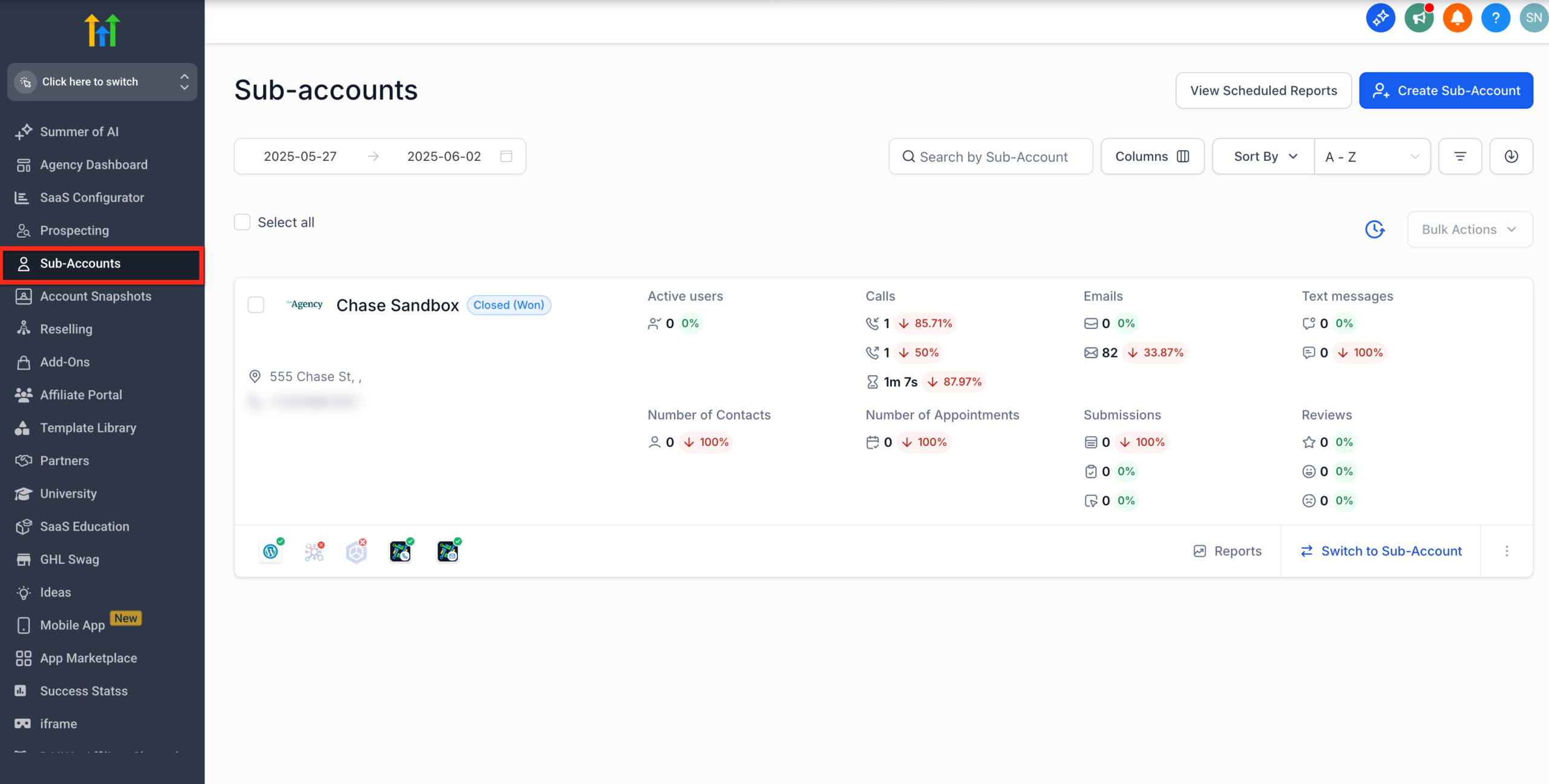 Screenshot highlighting the 'Sub-Accounts' menu option within the GoHighLevel agency dashboard, indicating where to start managing client accounts.