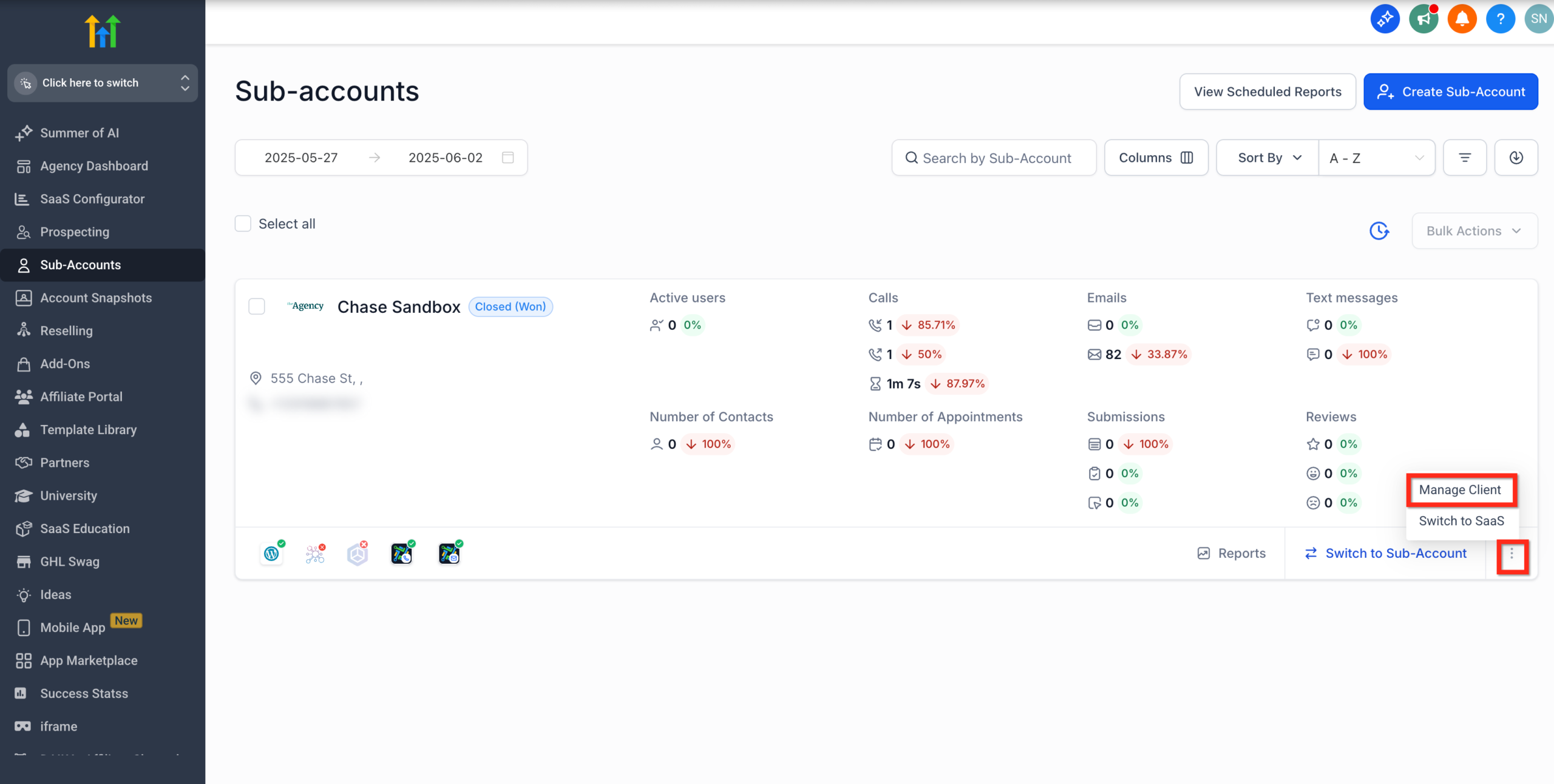 Screenshot showing the 'Manage Client' option selected from a dropdown menu after clicking the three dots next to a specific sub-account in GoHighLevel.