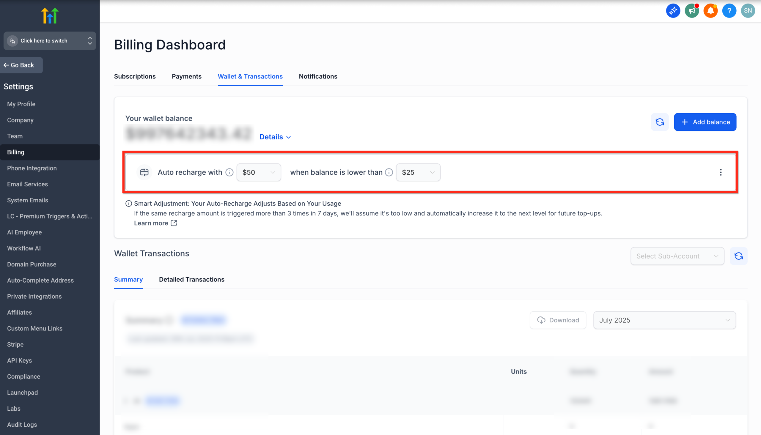 GoHighLevel Auto Recharge settings showing recharge amount and threshold balance