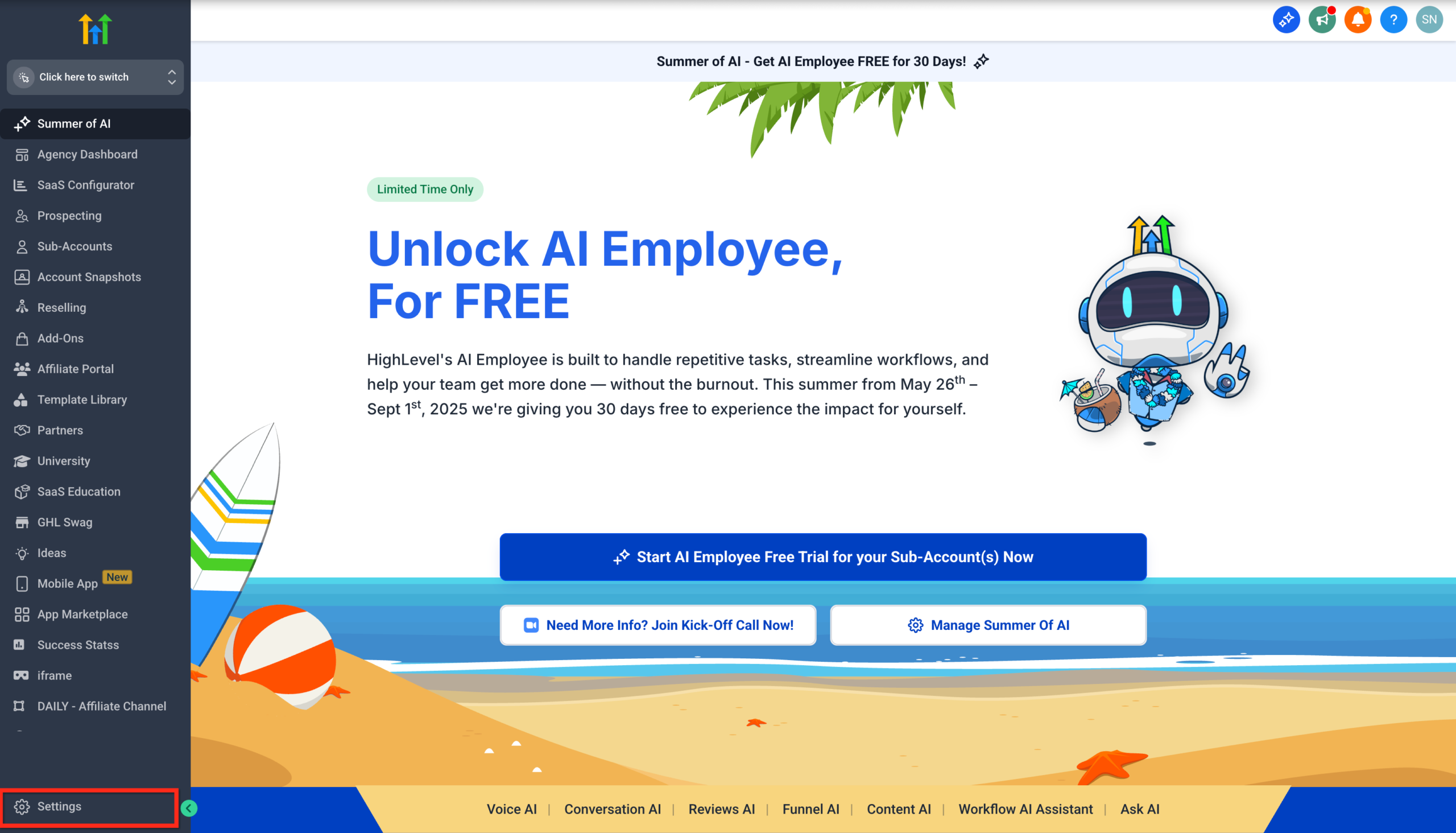 Screenshot showing GoHighLevel Agency account settings icon in the left sidebar