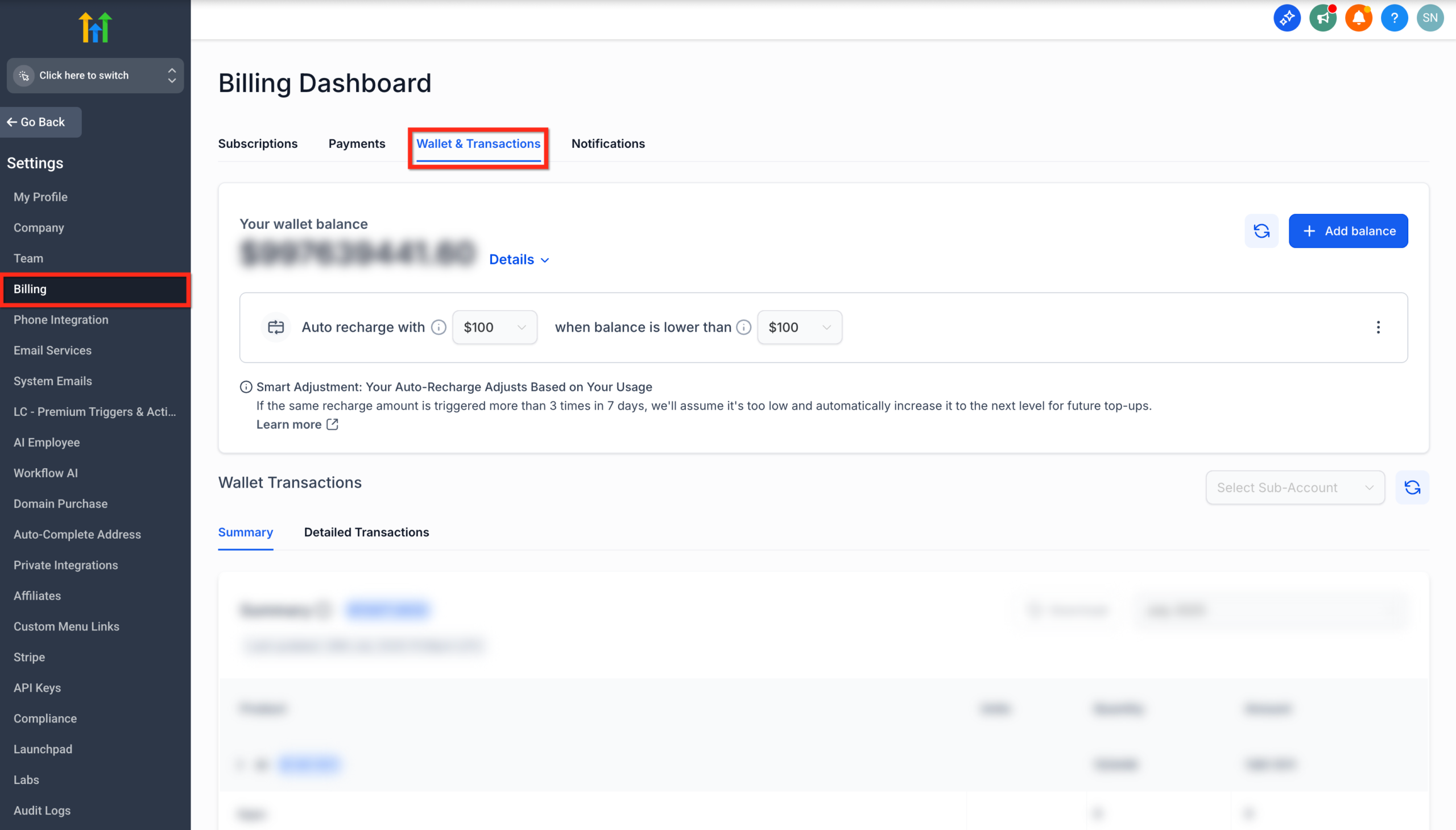 Screenshot showing navigation to Billing and Wallet & Transactions within GoHighLevel settings