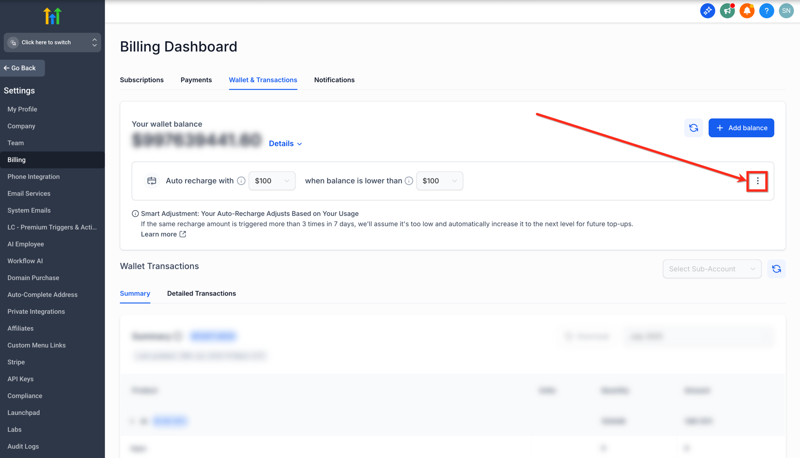 Screenshot highlighting the three-dot menu option next to the Auto Recharge tile in GoHighLevel wallet settings