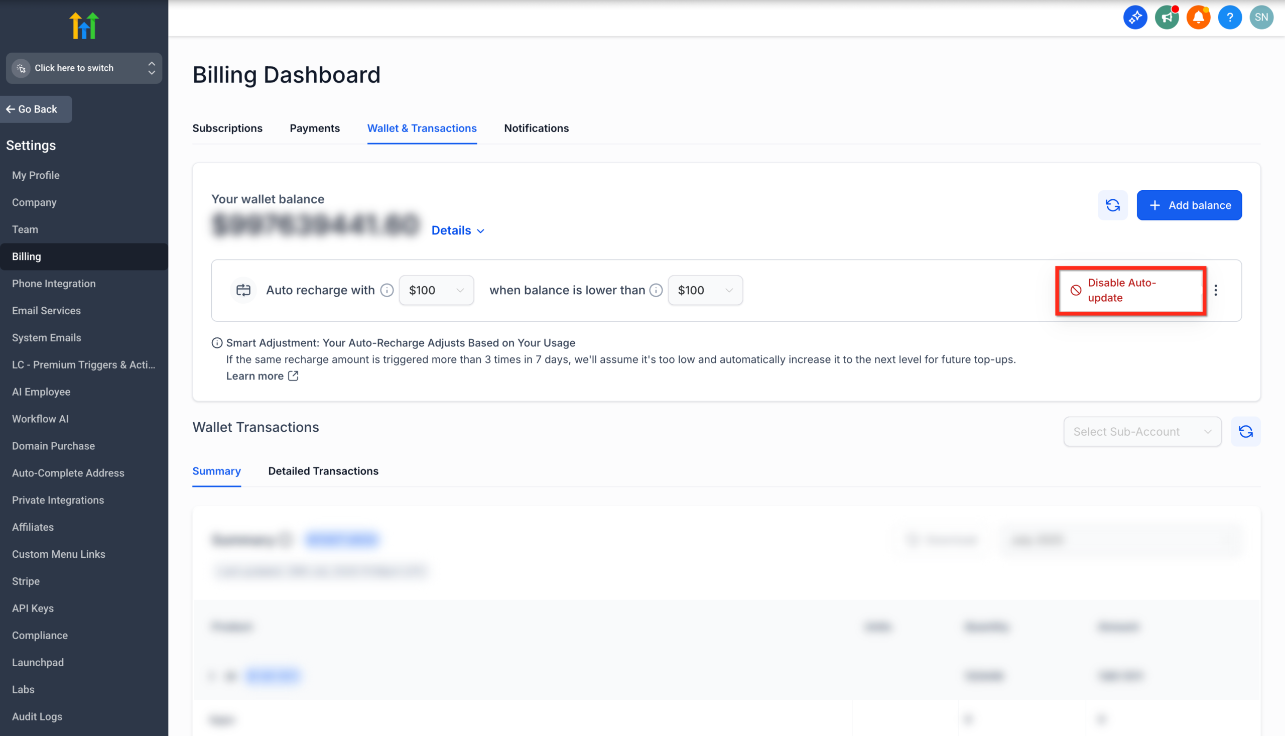Screenshot showing the 'Disable Auto-update' option selected from the Auto Recharge menu in GoHighLevel
