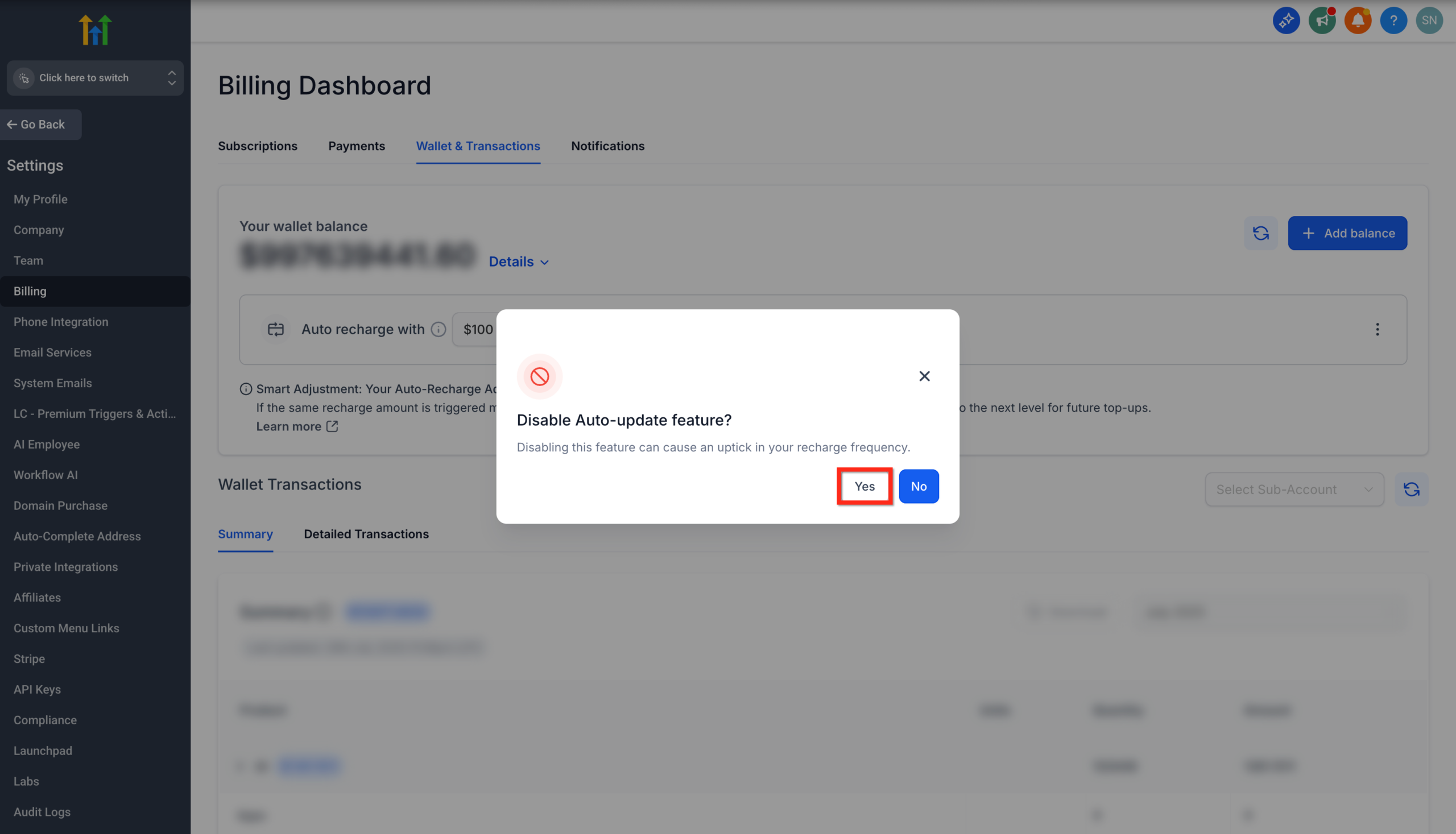 Screenshot showing the confirmation dialog to disable Auto-update for Smart Adjustment in GoHighLevel