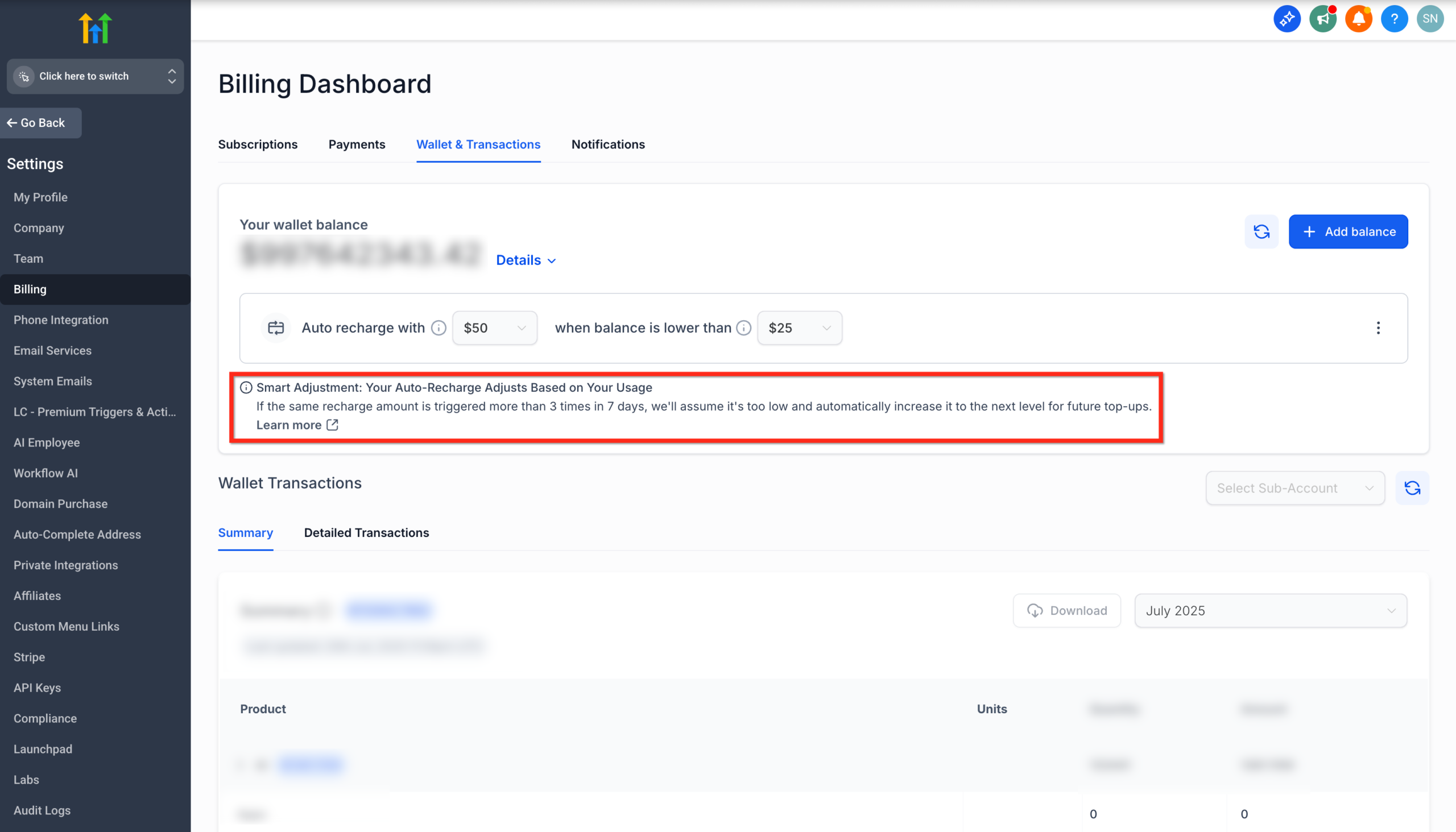 Diagram illustrating how GoHighLevel Smart Adjustment tiers increase recharge amounts based on usage frequency