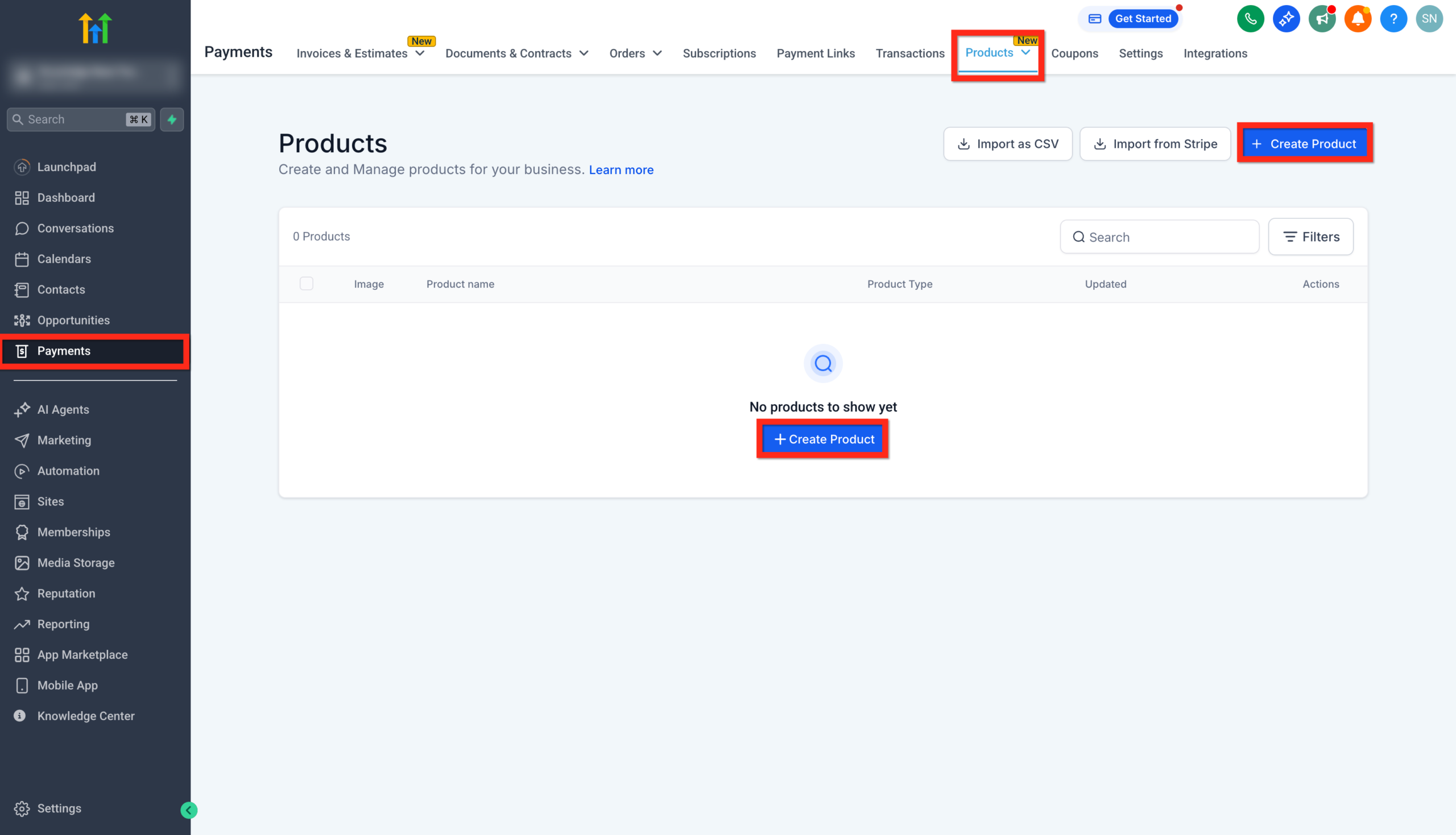 Screenshot of the GoHighLevel Payments > Products section, highlighting the '+ Create Product' button to initiate new product setup.