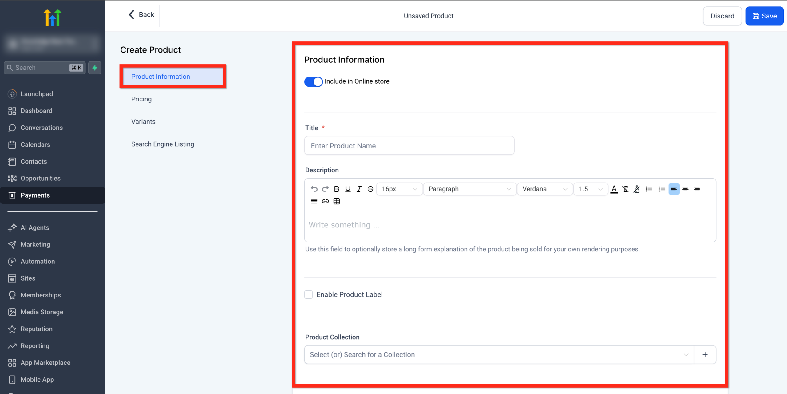 Screenshot of the Product Information section, specifically highlighting the 'Enable Product Label' checkbox and the 'Product Collection' dropdown for organizing products.