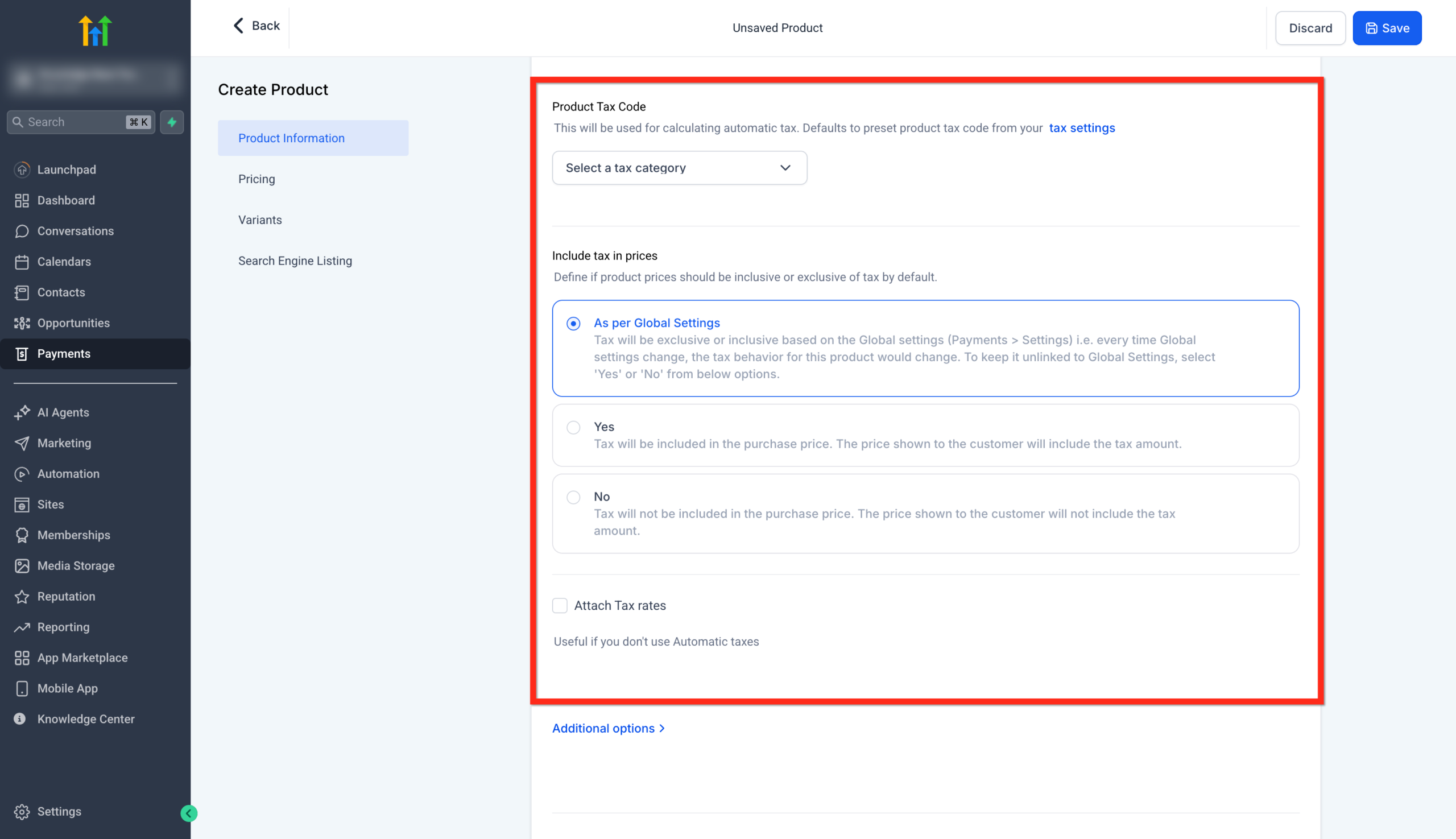 Screenshot of the Tax Options configuration in GoHighLevel product settings, showing fields for Product Tax Code, Include tax in prices, Attach Tax Rates, and Statement Descriptor.