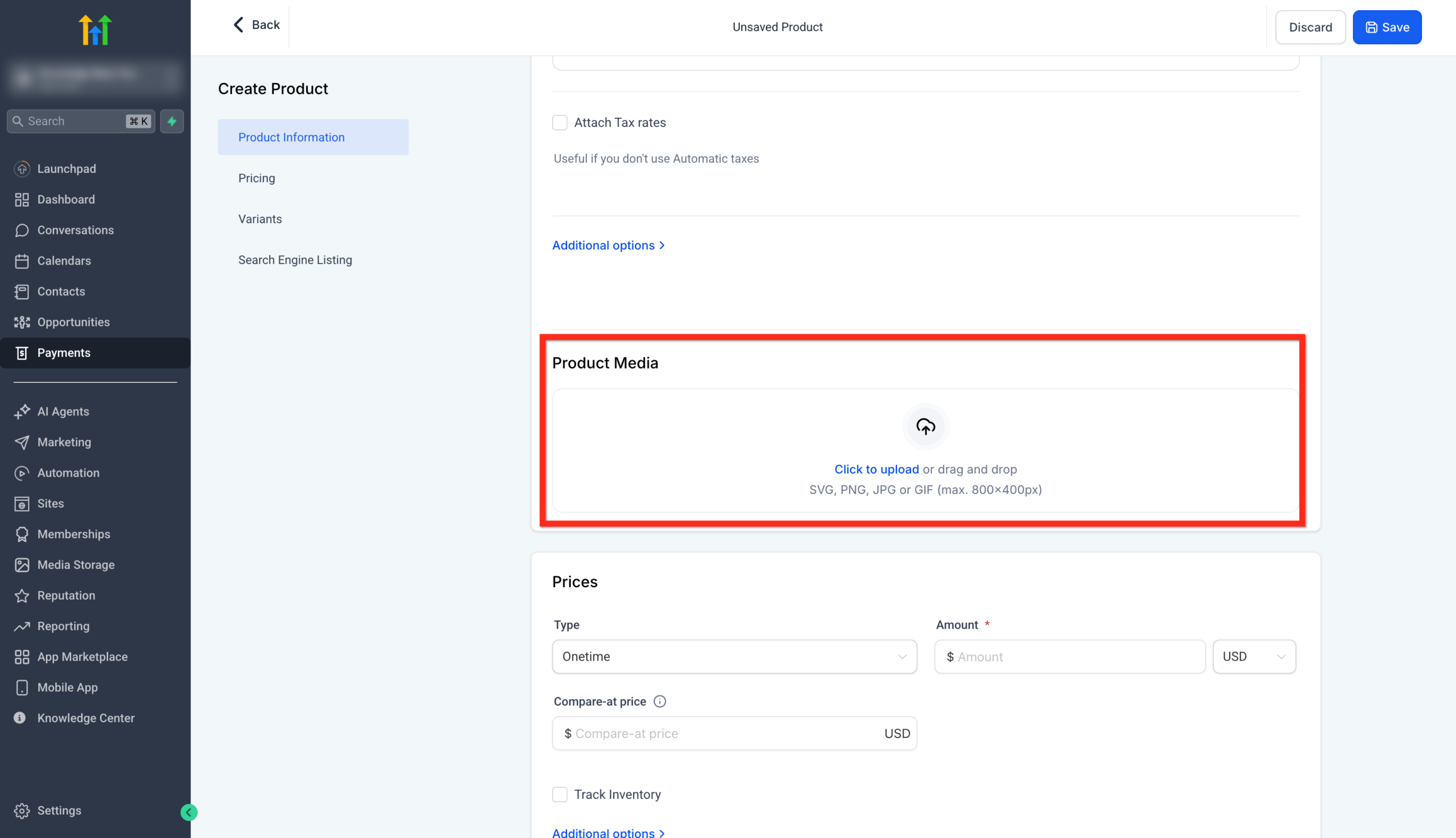 Screenshot of the Product Information section in GoHighLevel, showing fields for Title, Description, and the Media upload area for product images or videos.