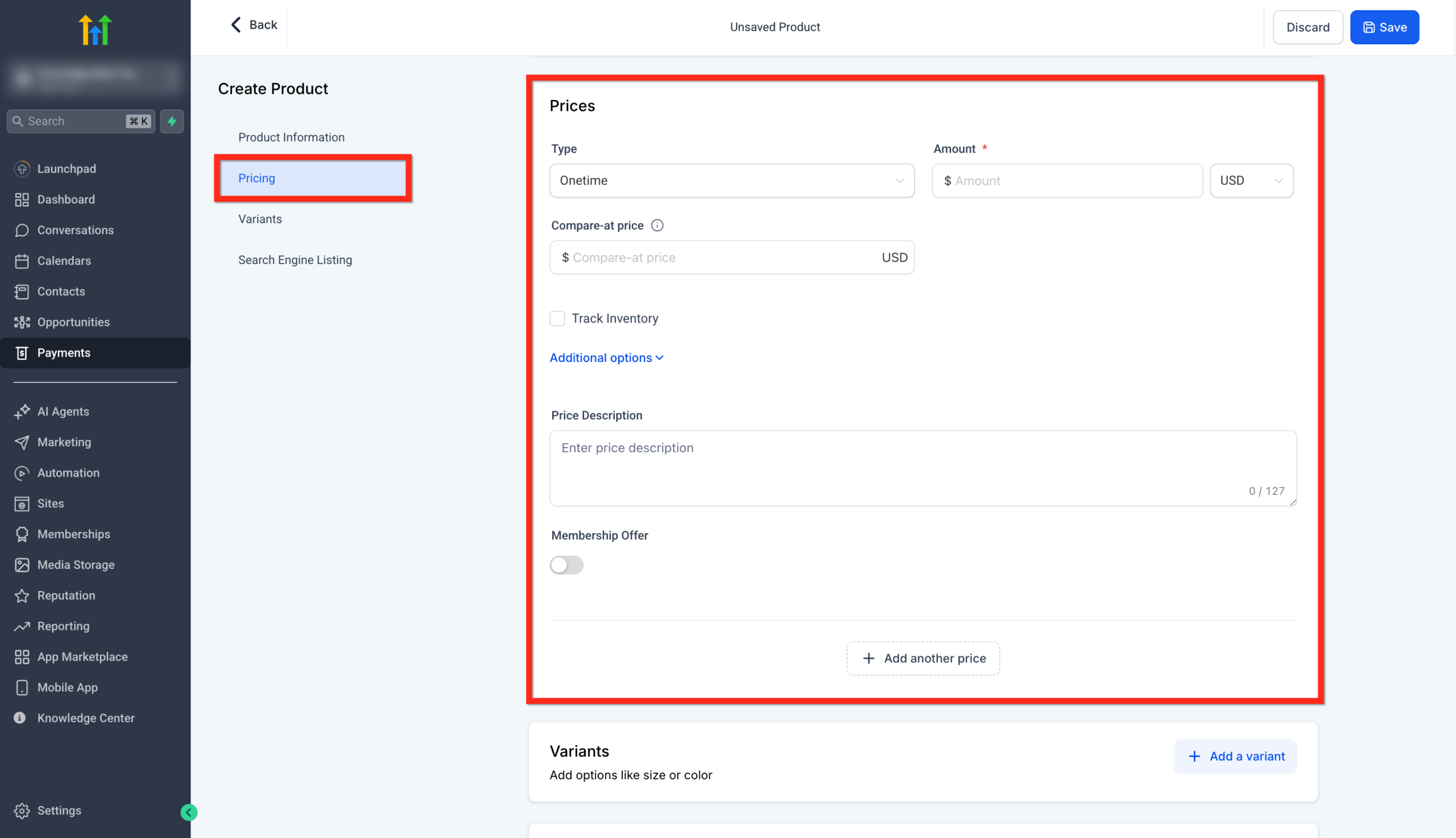 Screenshot of the Pricing section in GoHighLevel, illustrating options for Pricing Name, Type (Onetime/Recurring), Amount, Compare-at Price, Currency, and Inventory Tracking.